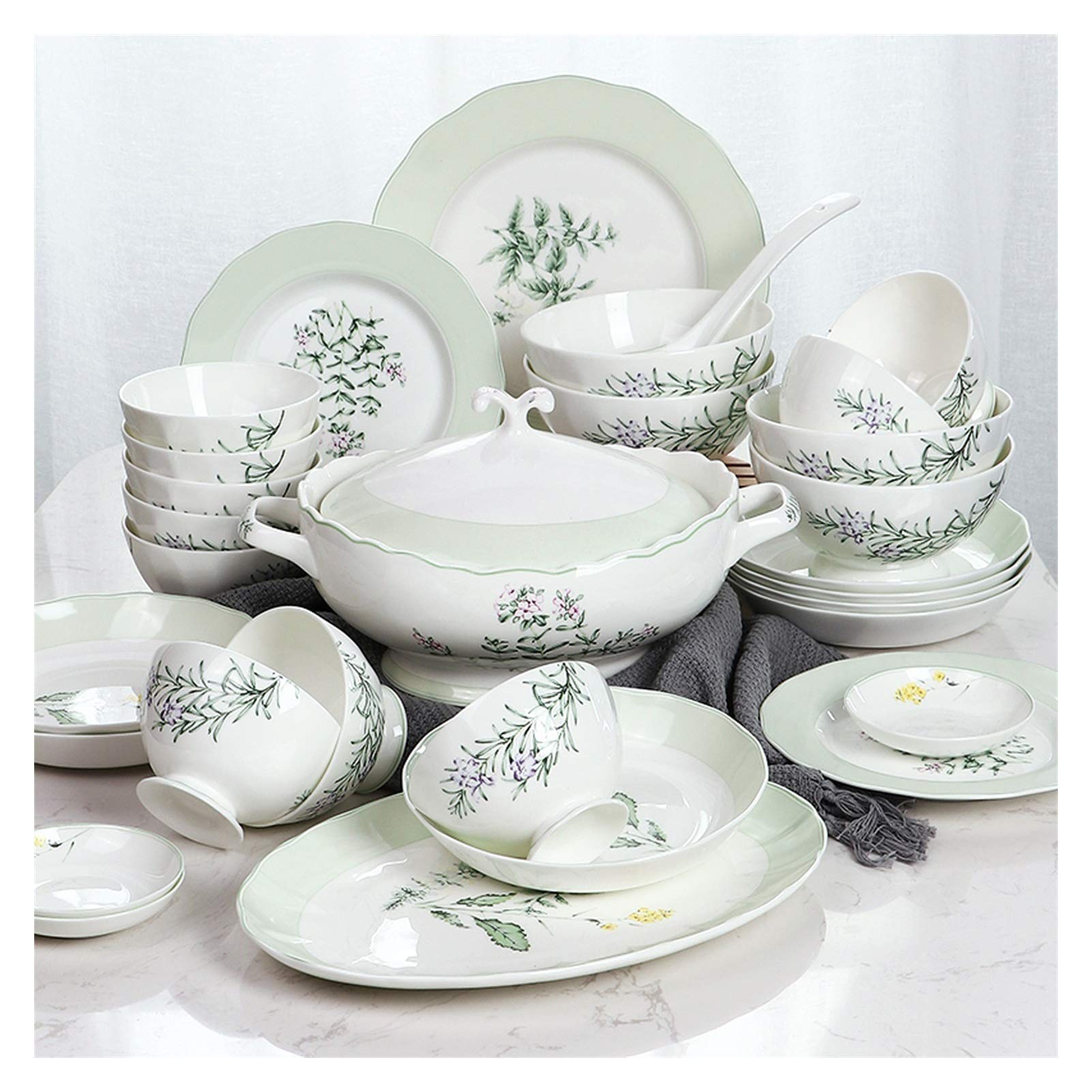 30-Piece Elegant Pastoral Porcelain Dinnerware Set - Lotus Shaped Plates & Bowls for 6 - Appetizer, Salad & Dessert Dishes - Perfect for Family Dinners, Party Serving & Restaurant Use