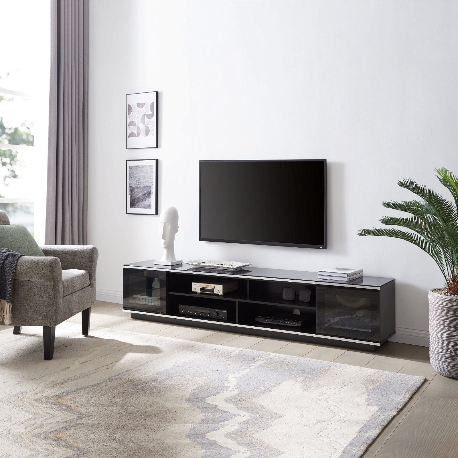 Tauris Diablo 210cm Black TV Stand with Tempered Glass - Modern Entertainment Center for Living Room, Home Theater & Gaming Setup