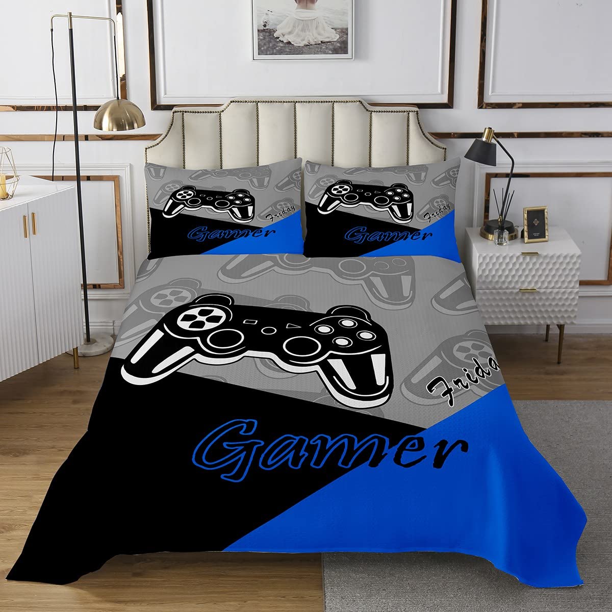 Feeyou 2-Piece Gamer Quilt Set - Twin Size Gaming Bedspread with 1 Quilt & 2 Pillowcases for Kids, Boys & Teens - Soft All-Season Controller Design Bedding - Perfect for Gaming Rooms, Sleepovers & Teen Bedrooms