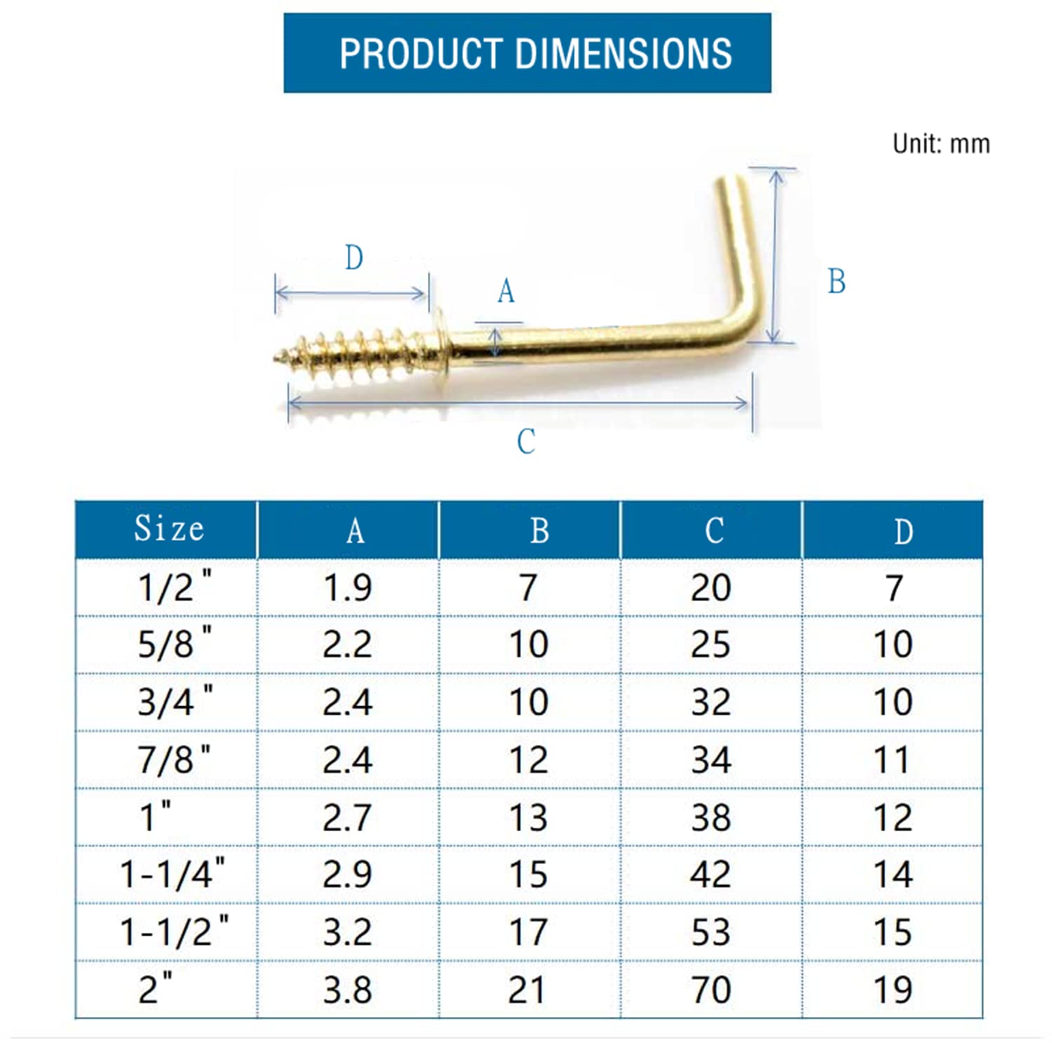 MroMax 100Pcs Brass Screw-in Hooks - 1-1/4