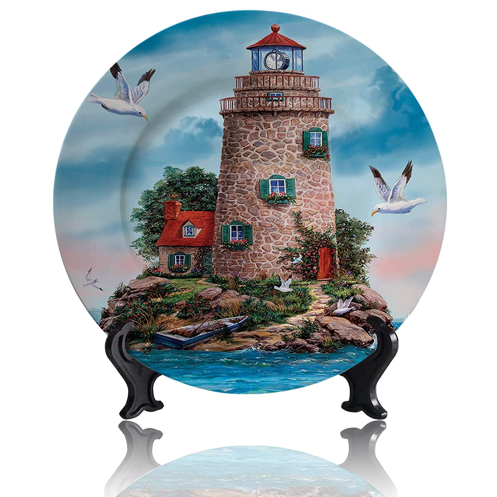 Kasen Lighthouse Decorative Wall Plate - 10 Inch Porcelain Hanging Art with Display Stand | Abstract Coastal Home Decor for Living Room, Kitchen & Bedroom