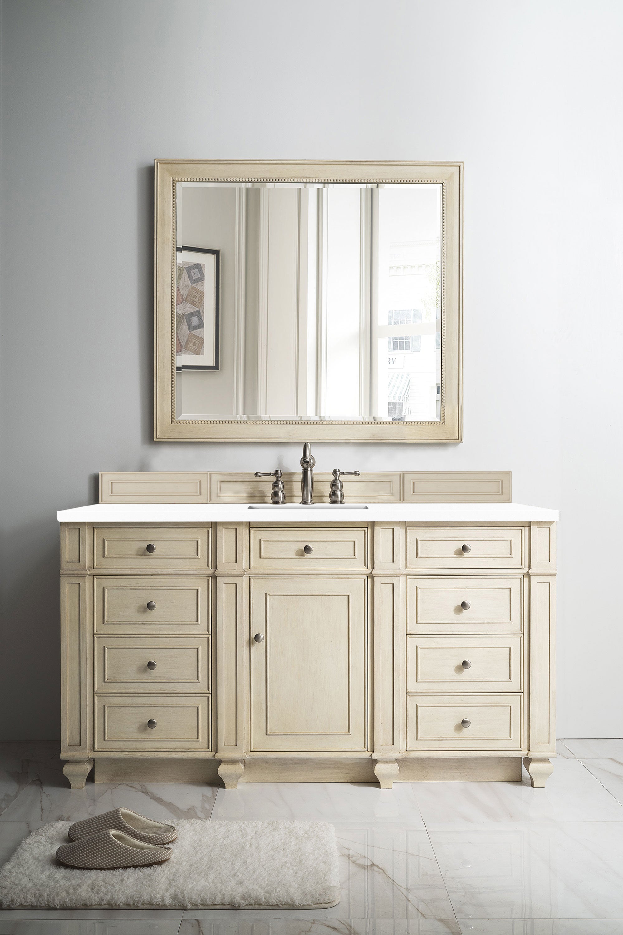 Bristol 60 Inch Single Bathroom Vanity Set with 3CM White Zeus Quartz Countertop - Vintage Vanilla Finish for Classic & Modern Bathrooms | Perfect for Master Bath, Guest Bath & Powder Room Remodels