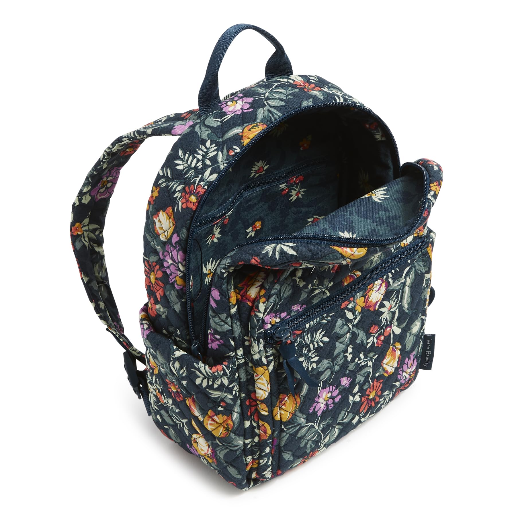 Vera Bradley Women's Cotton Small Backpack - Lightweight Travel Daypack, Fresh-Cut Floral Green, Perfect for School, Work & Outdoor Adventures