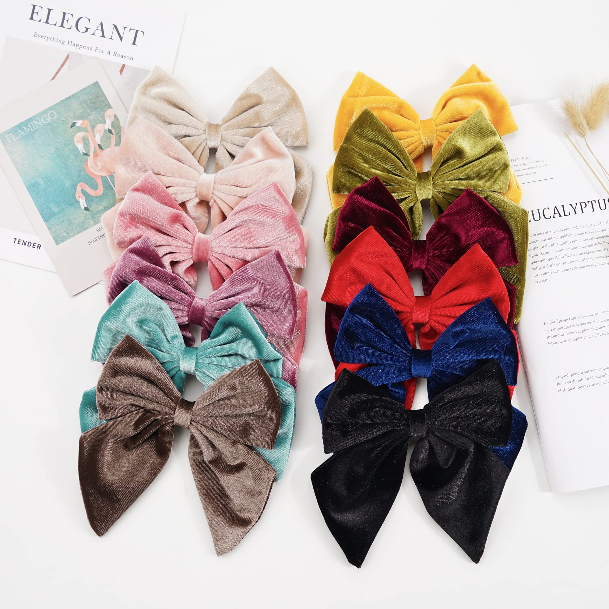 Qearl 12-Piece Large Velvet Hair Bows for Toddler Girls - Handmade Big Hair Clips for Babies & Kids | Perfect for Birthday Parties, School Photos & Special Occasions