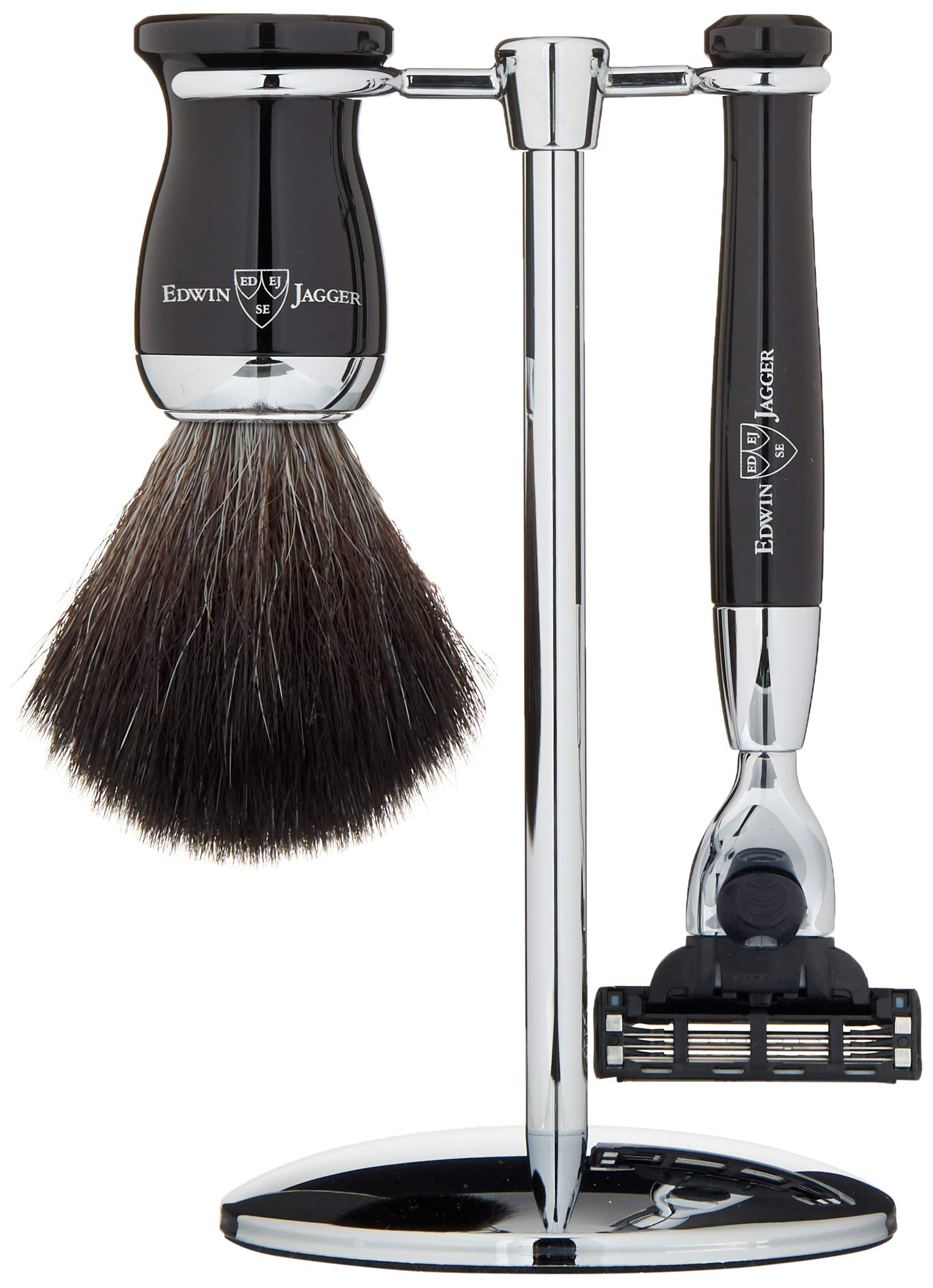 Edwin Jagger 3-Piece Mach3 Razor Set with Synthetic Shaving Brush & Chrome Stand - Perfect for Men's Wet Shaving & Travel Grooming Kit