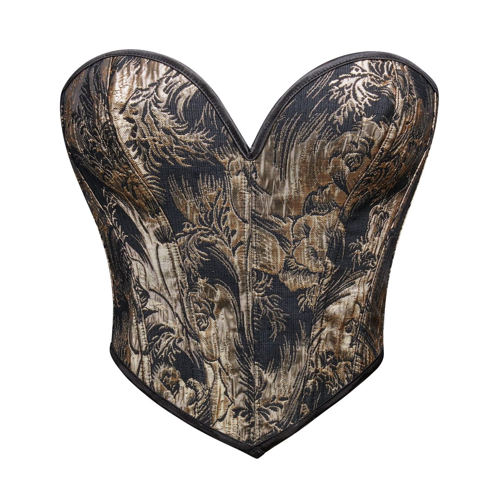 Bowanadacles Women's Vintage Corset Top - Renaissance Sweetheart Neckline, Golden Floral Print, Tie Back Shapewear Vest for Waist Training & Burlesque Costume