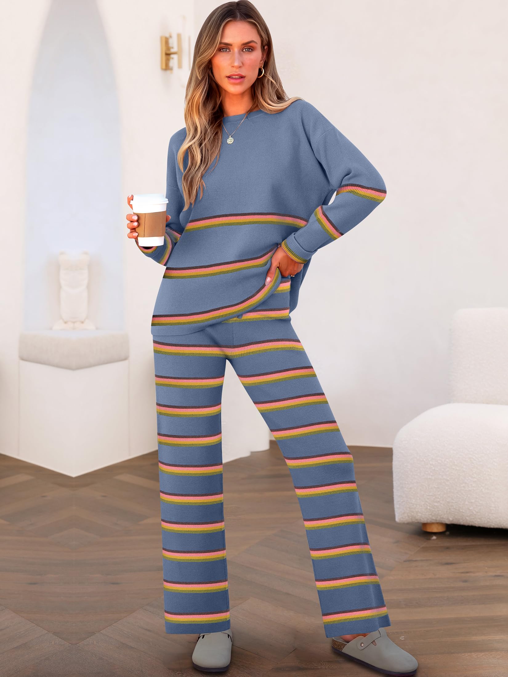Caracilia Women's 2 Piece Sweater Set - Striped Oversized Knit Sweater with Wide Leg Lounge Pants | Cozy Fall Outfit 2024 | Perfect for Home Relaxation, Casual Outings & Autumn Photoshoots