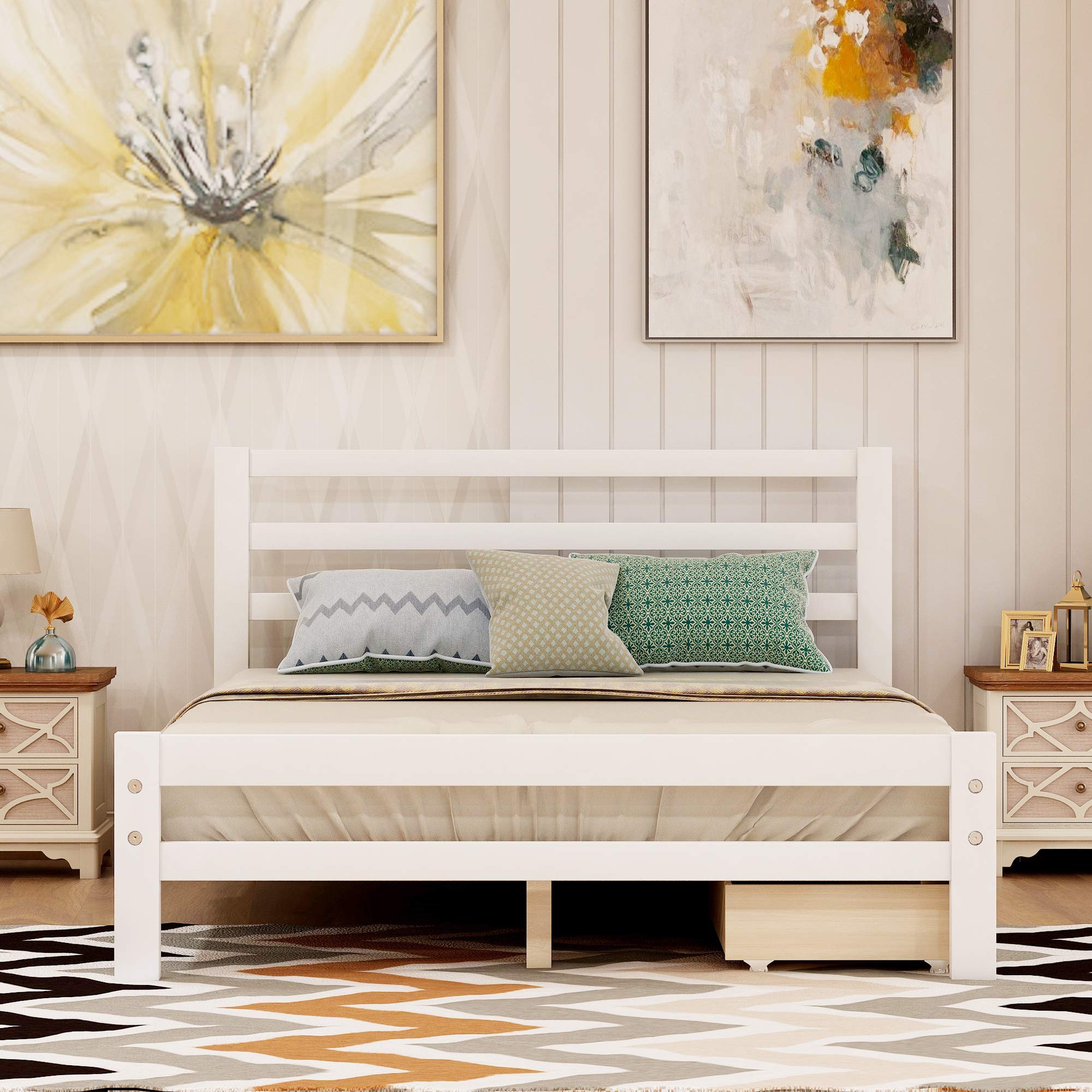 Full Size Wood Platform Bed with Storage Drawers - Sturdy Headboard & Footboard for Teens & Adults - No Box Spring Needed - Perfect for Small Bedrooms