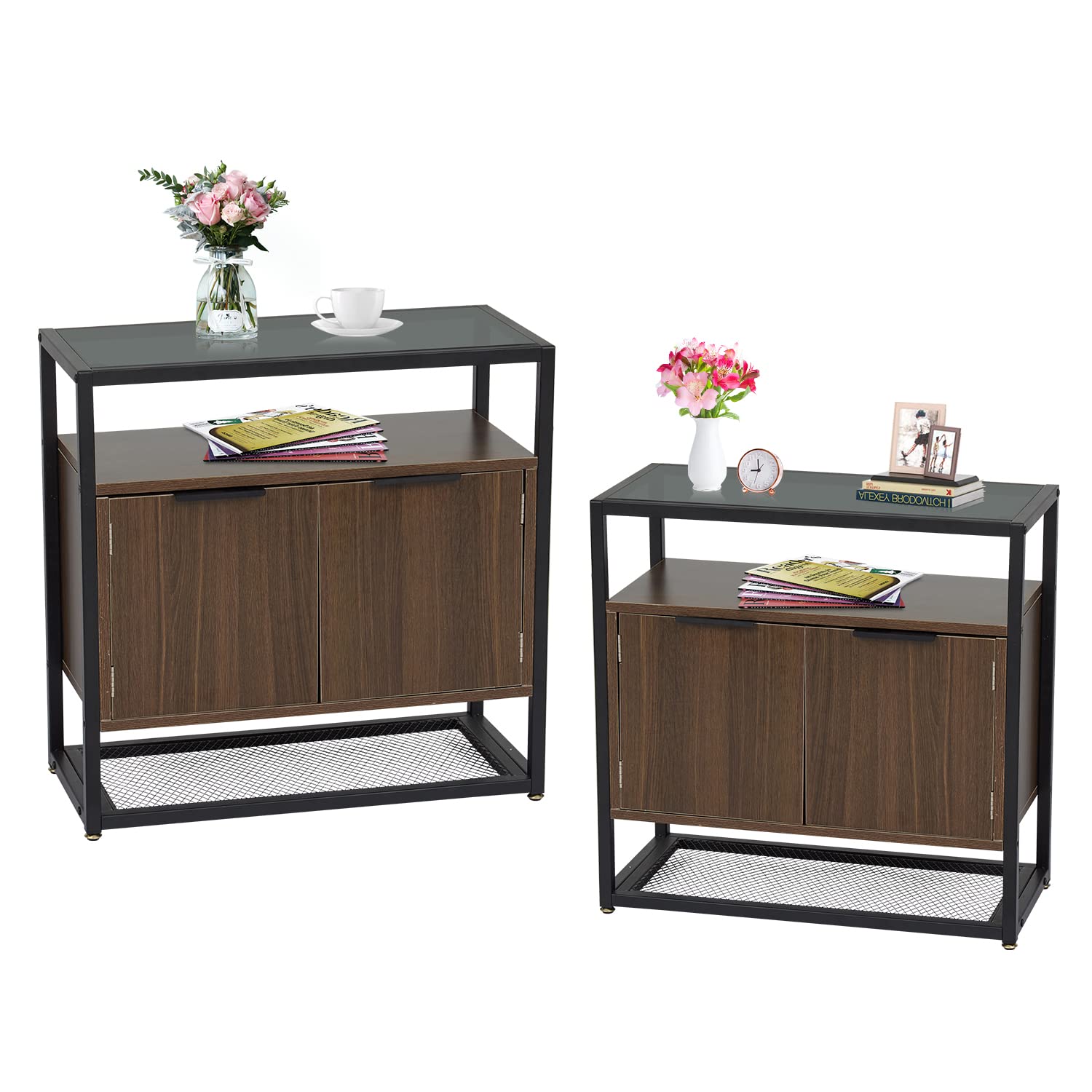 Kinbor Small Floor Storage Cabinets - Rustic Brown Side End Tables with Glass Table Top, Doors & Open Shelf for Living Room, Bedroom, Hallway (Set of 2) - Perfect for Organizing Books, Decor & Essentials in Compact Spaces