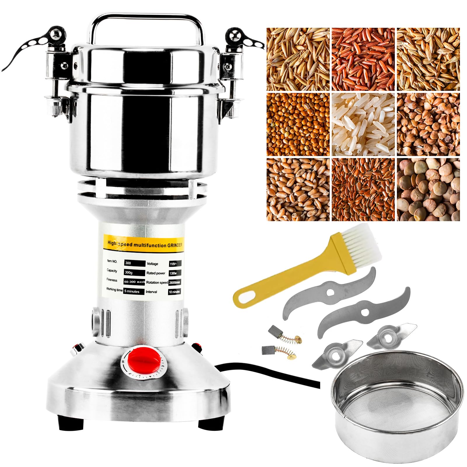 High Speed 300g Electric Grain Mill Grinder - 1300W Commercial Stainless Steel Powder Machine for Spices, Herbs, Pepper & Coffee - 70-300 Mesh, 28000 RPM - Perfect for Home Kitchens, Bakeries & Coffee Shops