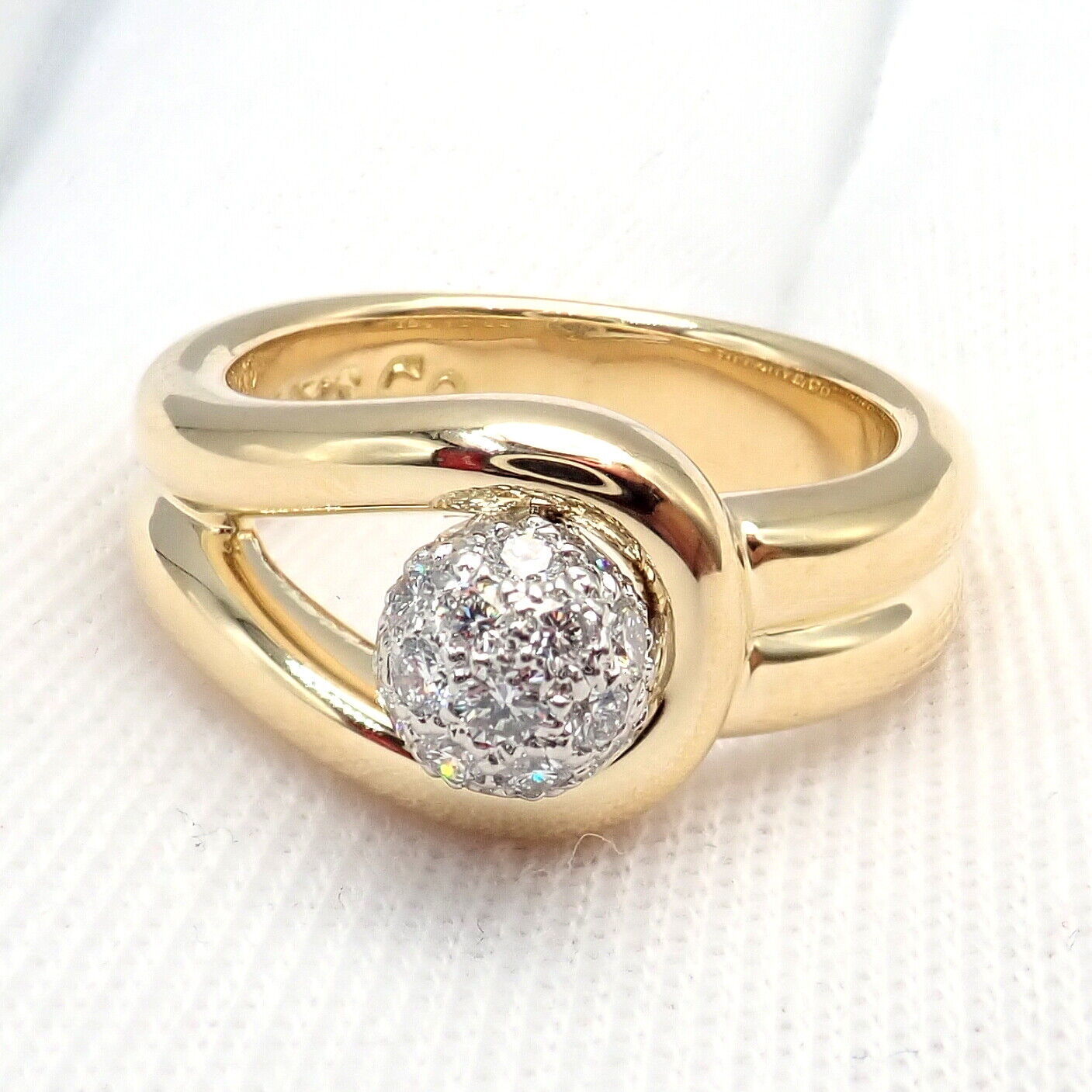 Authentic Tiffany & Co 18k Yellow Gold & Platinum Diamond Ball Ring Size 4.25 - Elegant Jewelry for Weddings, Anniversaries & Special Occasions