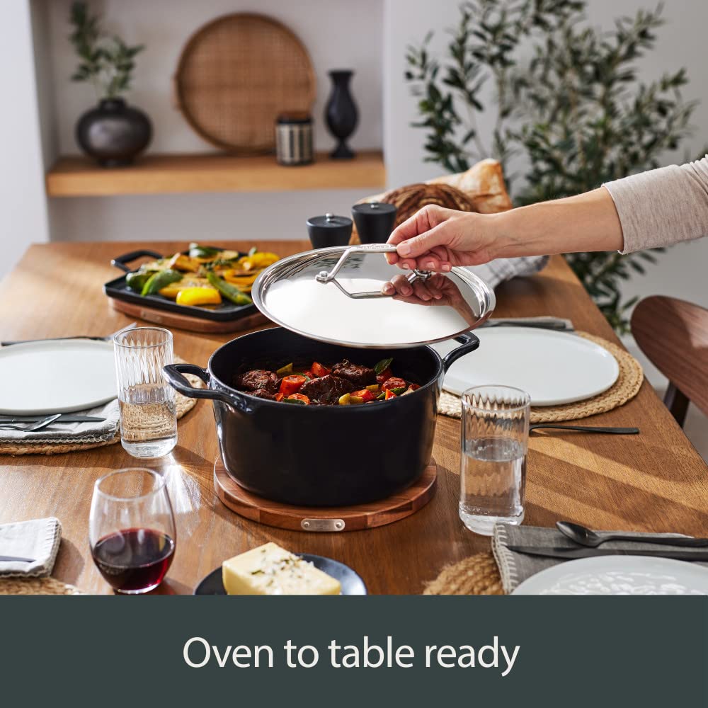 All-Clad 11 Inch Enameled Cast Iron Square Grill Pan with Acacia Wood Trivet - Induction, Oven & Broiler Safe Up to 650°F - Premium Black Cookware for Grilling, Searing & Roasting - Perfect for Steaks, Burgers & Vegetables