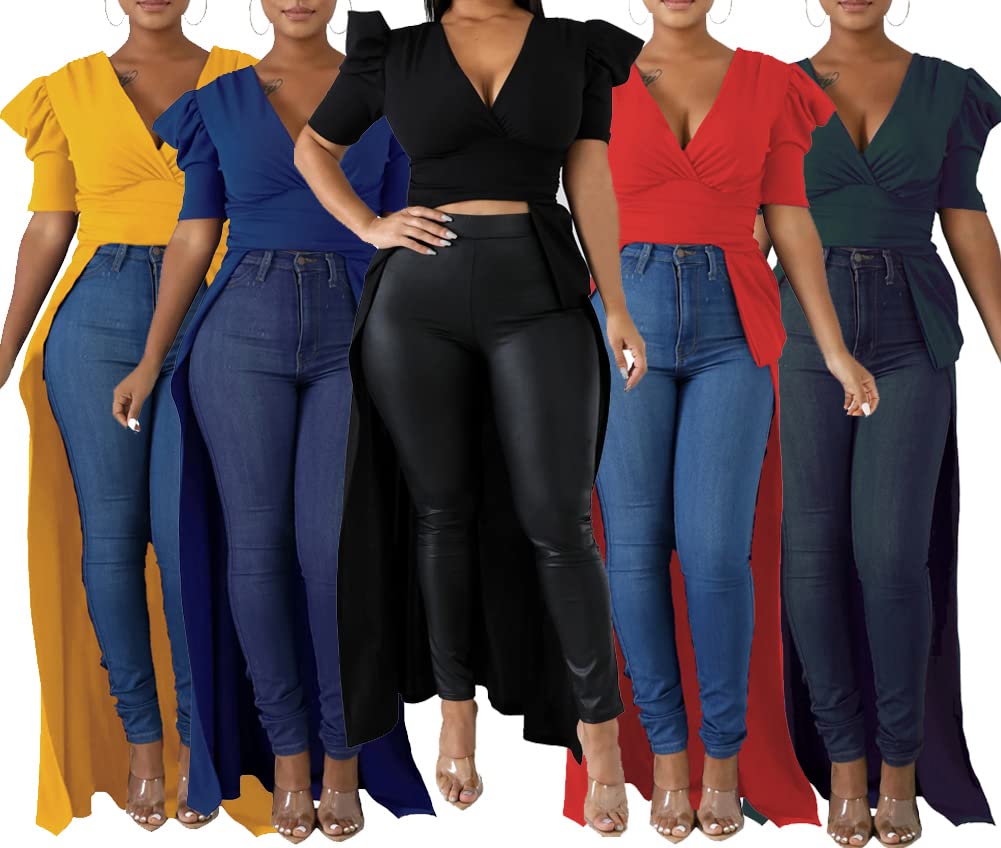 Women's Deep V Neck Puff Sleeve Asymmetrical Wrap Blouse - Peplum Tunic Casual Shirt Dress in Dark Green | Perfect for Office Wear, Date Nights & Special Occasions