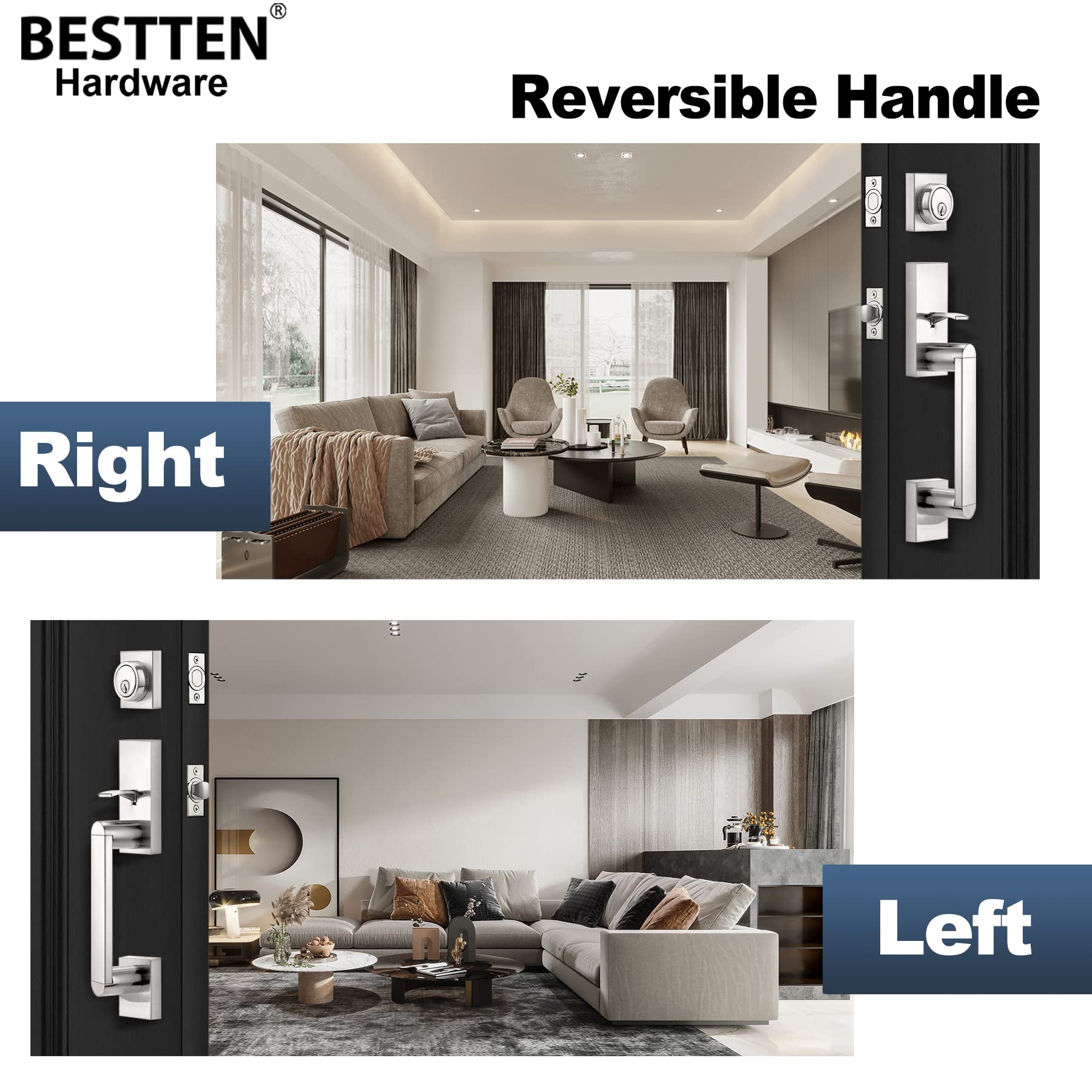 BESTTEN Satin Nickel Front Door Handle and Deadbolt Set - Single Cylinder Deadbolt Lock & Door Lever for Entry Doors - Reversible Right/Left Hand - Secure & Stylish Home Upgrade for Front Doors, Back Doors & Office Entrances