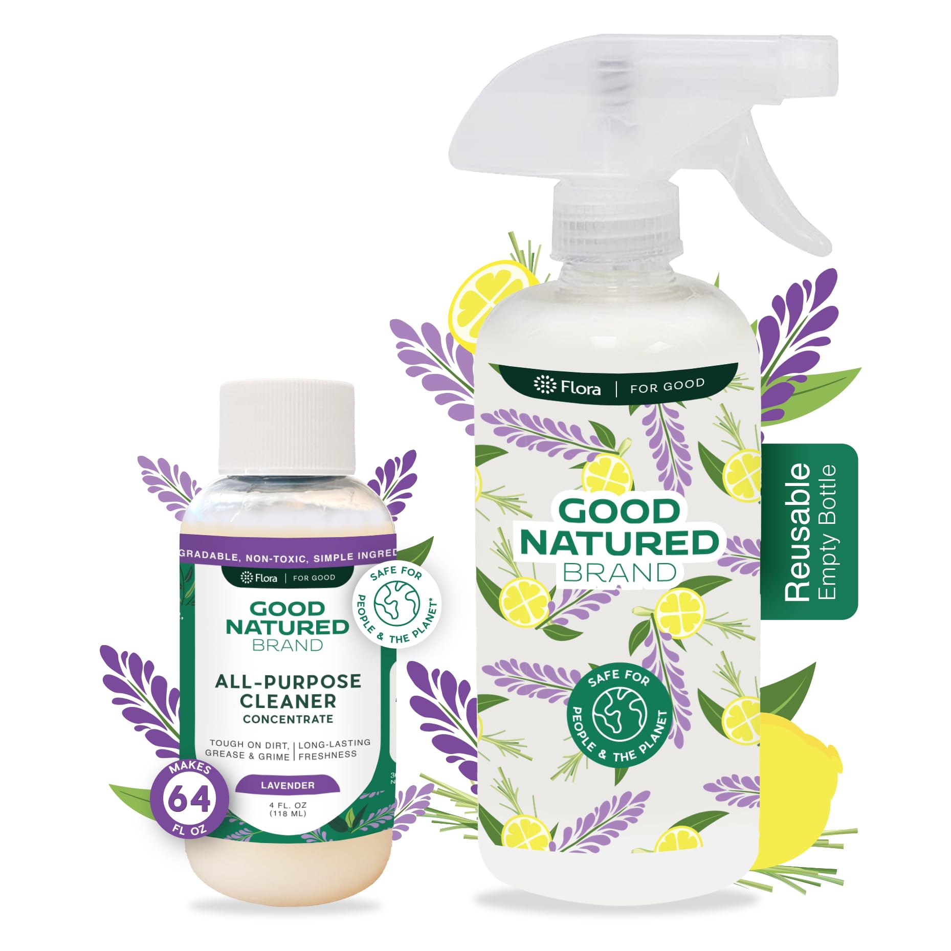 Good Natured Brand All-Purpose Cleaner Concentrate (4oz makes 64oz) with 16oz Spray Bottle | Natural Lavender Essential Oil Multi-Surface Cleaner | Safe for Kitchen, Bathroom & Floors | Eco-Friendly Cleaning Solution for Home & Office