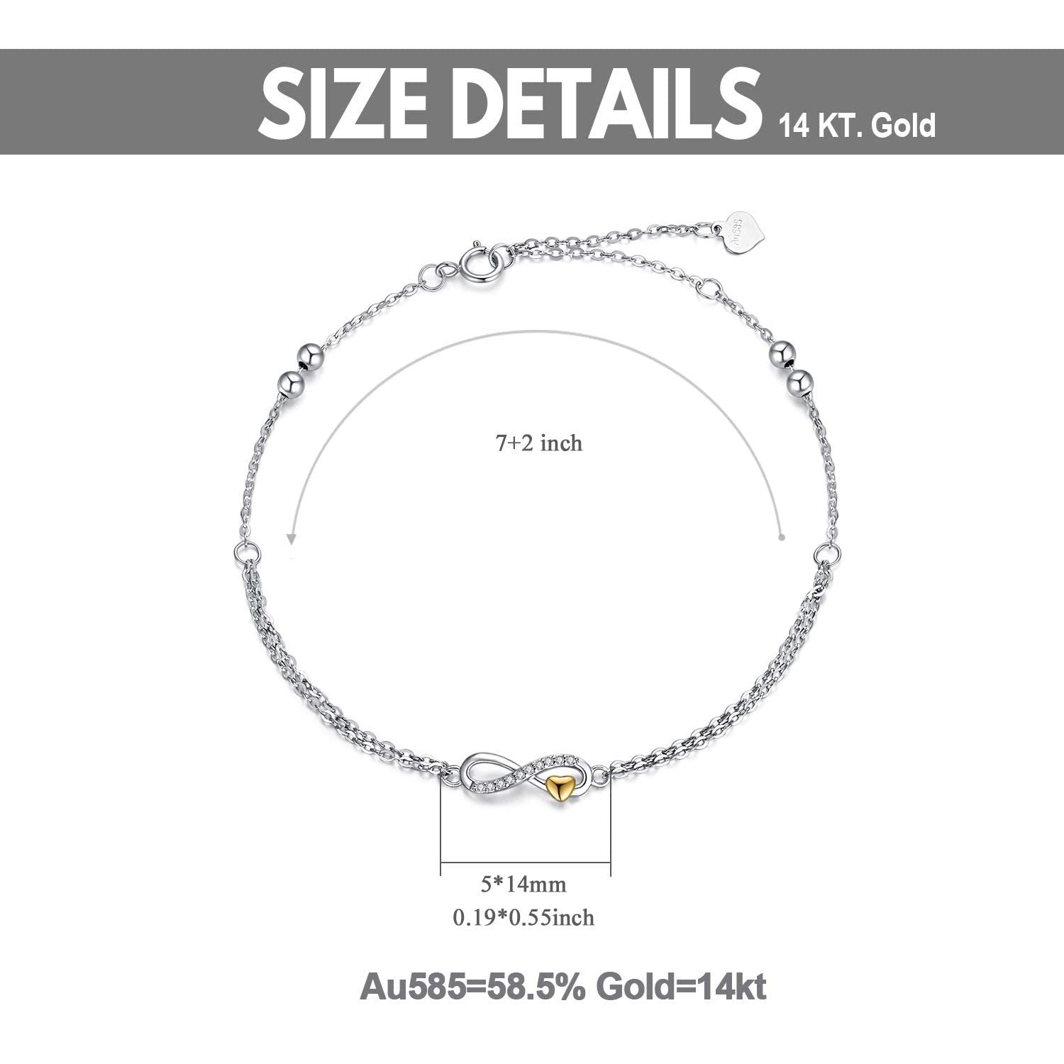 14K Real Gold Heart Infinity Bracelet for Women - Yellow & White Gold Diamond Infinity Beads Bracelet, Valentine's Day Birthday Jewelry Gift for Wife, Mom, Girlfriend (6.5