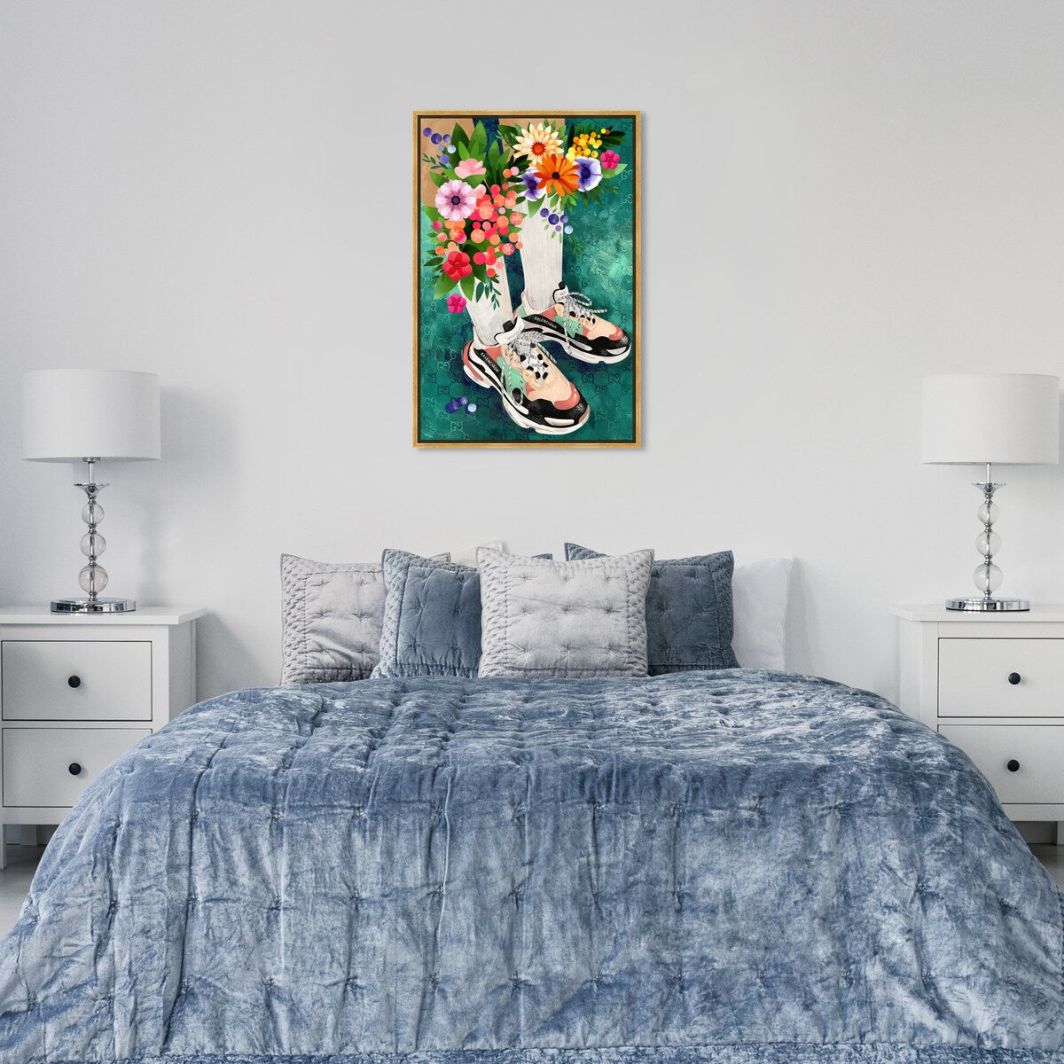 Stylish Floral Sneakers & Socks Set with Modern Green Framed Canvas Wall Art - Perfect for Bedroom Decor and Fashion Outfits | Home & Fashion Combo
