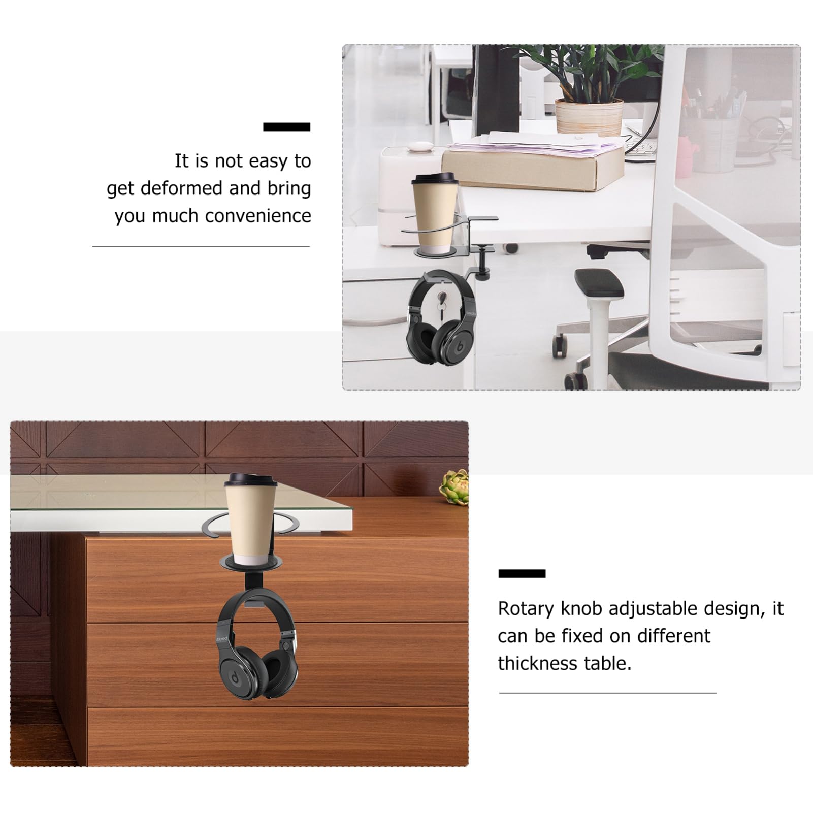 ETHZZLE Desk Organizer with Rotating Hook - Headset Hanger, Drink Cup Clamp & Tool Holder - Easy to Assemble Black Workspace Accessory for Office, Gaming & Home Organization