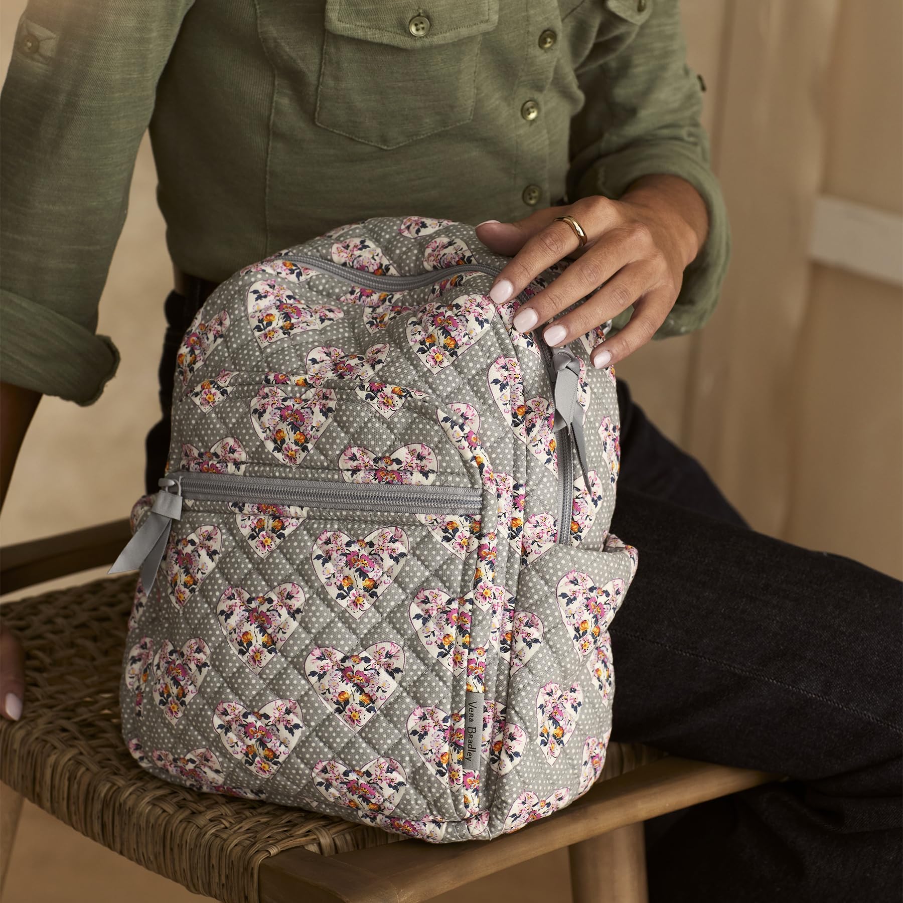 Vera Bradley Cotton Small Backpack for Women - Lightweight Mon Amour Gray Daypack for Travel, Work & School | Compact Laptop Bag with Padded Straps