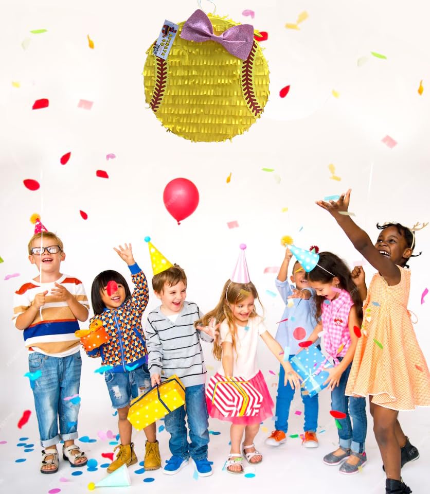 2-D Yellow Softball Piñata with Glittery Pink Bow Accent - 16 Inch Party Decor for Birthday, Sports Theme Celebration & Kids Events
