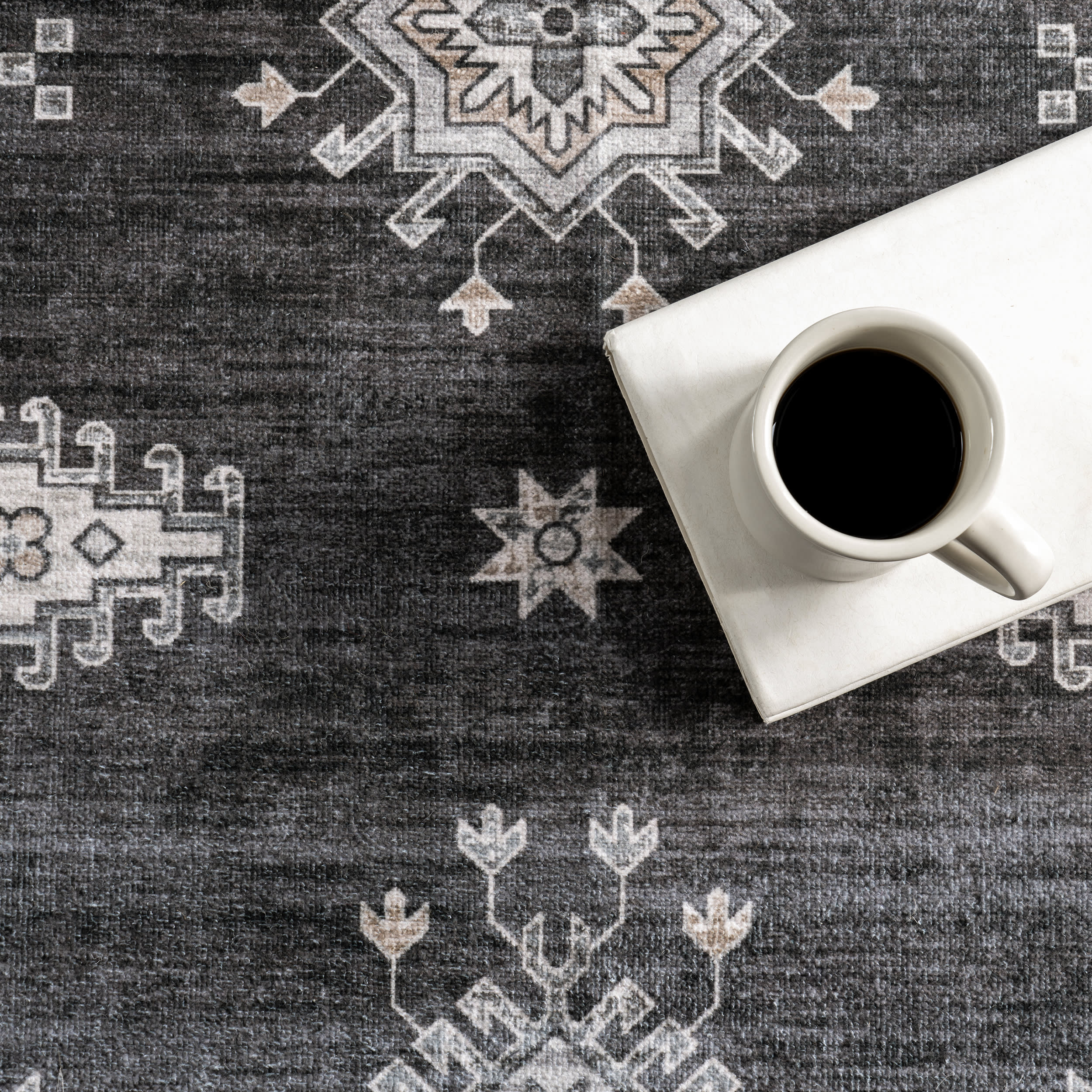 Andrea Bordered Washable Rug - Soft Non-Slip Indoor/Outdoor Carpet - Charcoal Grey - Perfect for Living Room, Bedroom, or Patio Decor