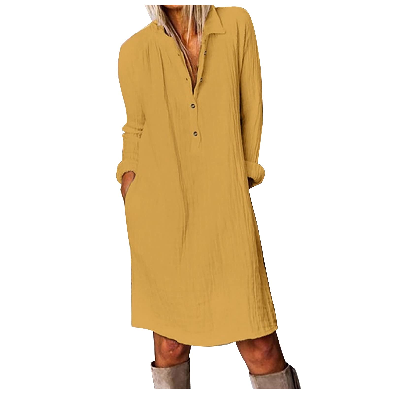 Women's Knee-Length Button-Down Shirt Dress - Long Sleeve V-Neck Lapel Collar Cotton Linen Midi Dress with Pockets | Office Wear, Casual Outfit, Spring & Summer Dress