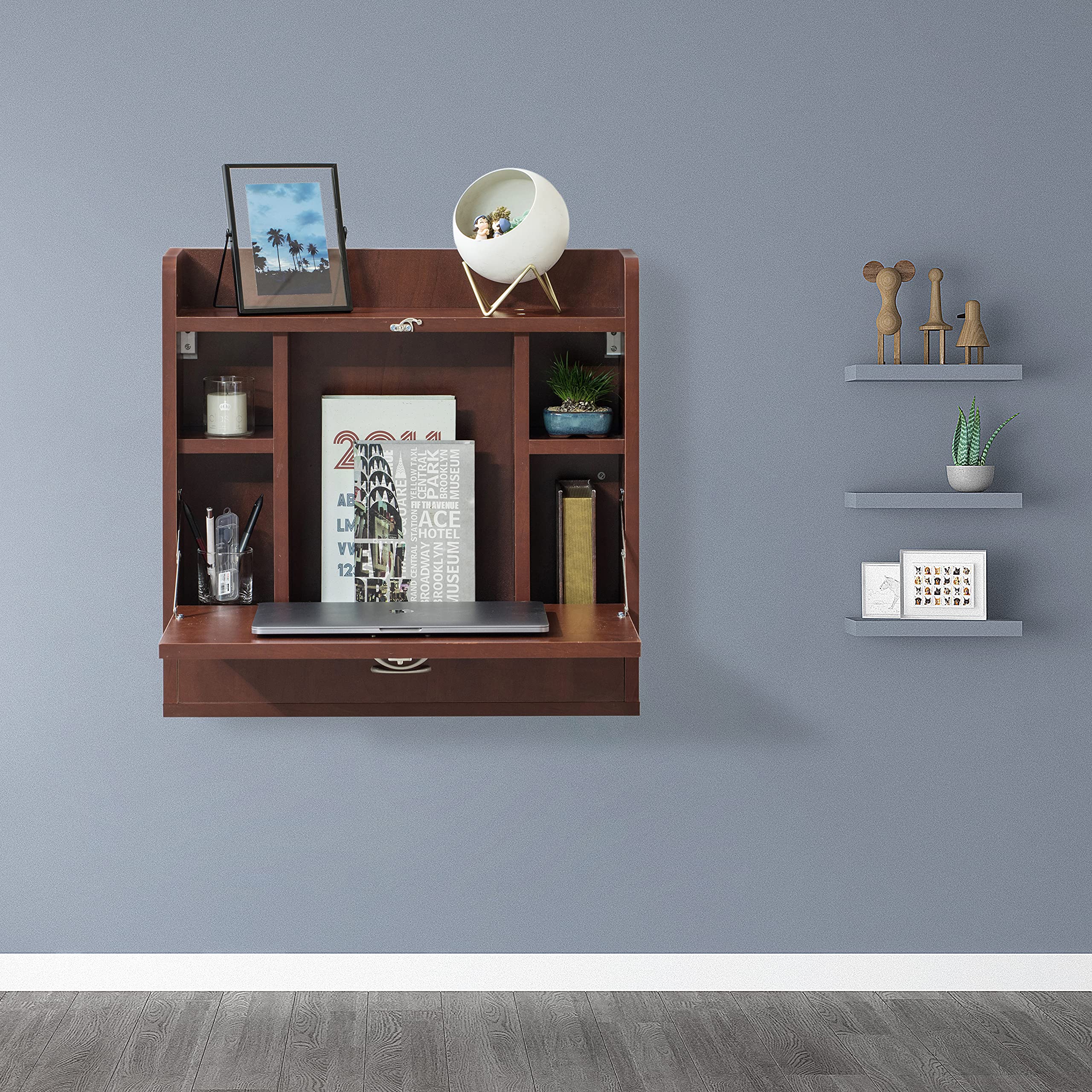Basicwise Wall Mount Folding Desk for Laptop, Writing & Makeup - Space Saving Computer Desk with Storage Shelves & Drawer in Cherry Finish - Perfect for Small Apartments, Home Offices & Dorm Rooms