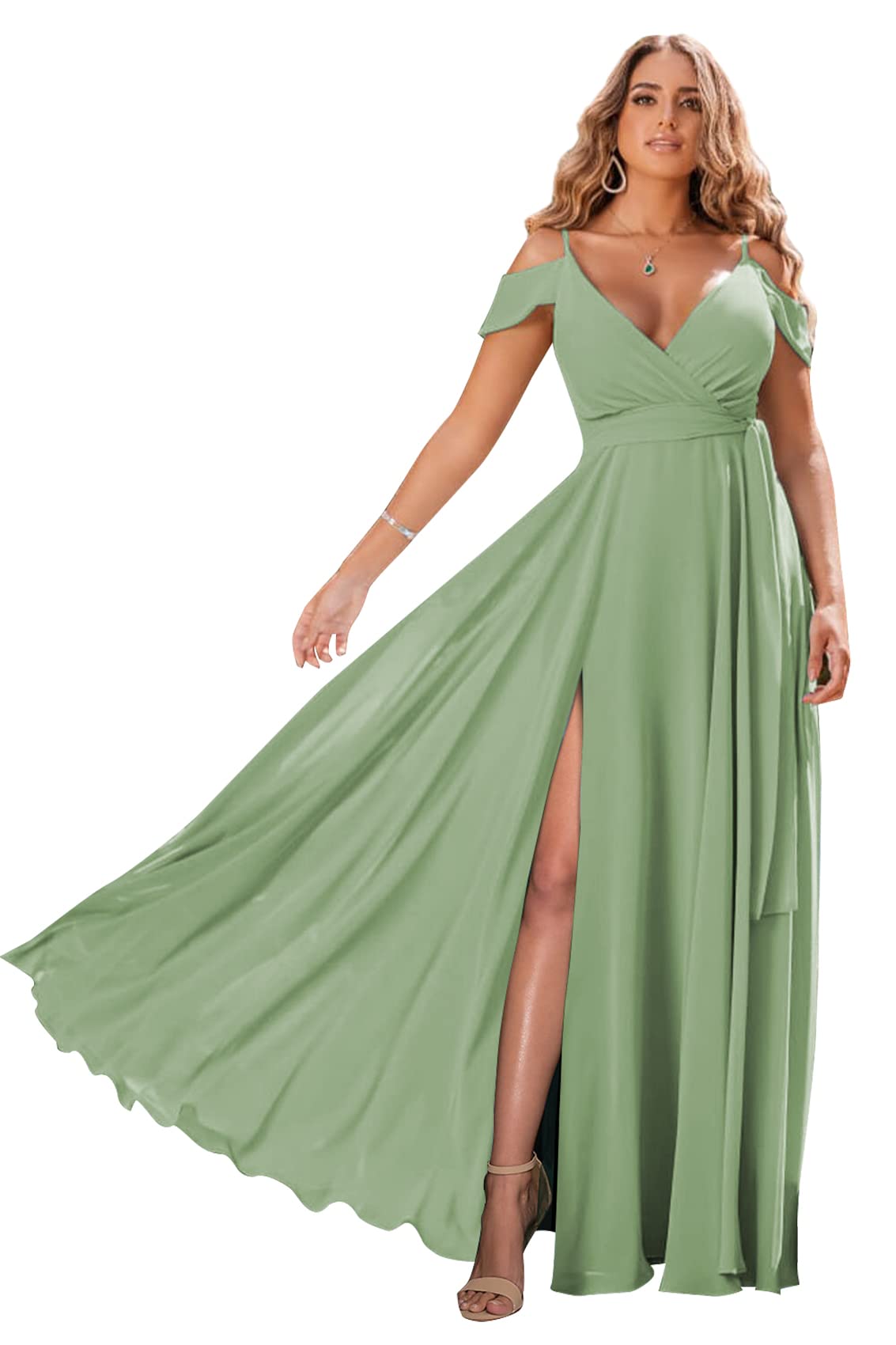 Zoghoo Women's V-Neck Long Sleeve Formal Dress with Thigh High Slit - Off Shoulder Bridesmaid & Wedding Guest Dress in Sage Green - Size 16 - Perfect for Prom, Evening Gala & Special Occasions