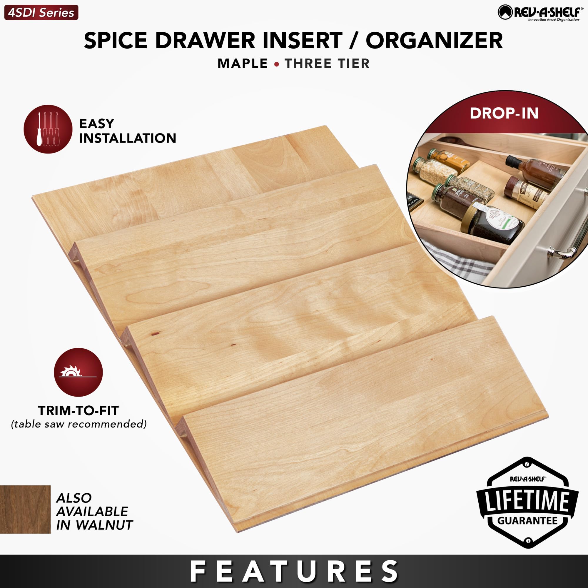 REV-A-SHELF Walnut Spice Drawer Organizer - Custom Trim-to-Fit Kitchen Cabinet Insert for Spices, Utensils & Small Items - Perfect for Pantry, Home & Restaurant Organization