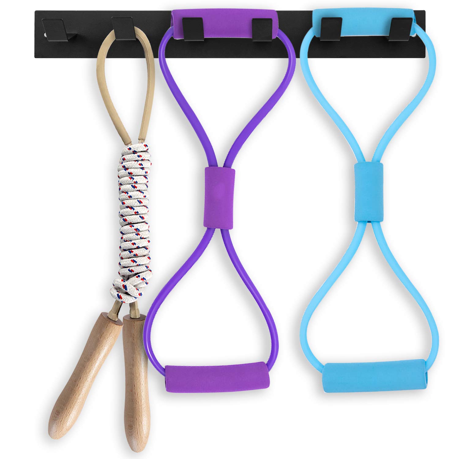 Black Metal Wall Mounted Gym Equipment Rack - 6 Hook Exercise Organizer for Resistance Bands, Jump Ropes & Weight Belts - Perfect for Home Gym, CrossFit & Fitness Accessories Storage