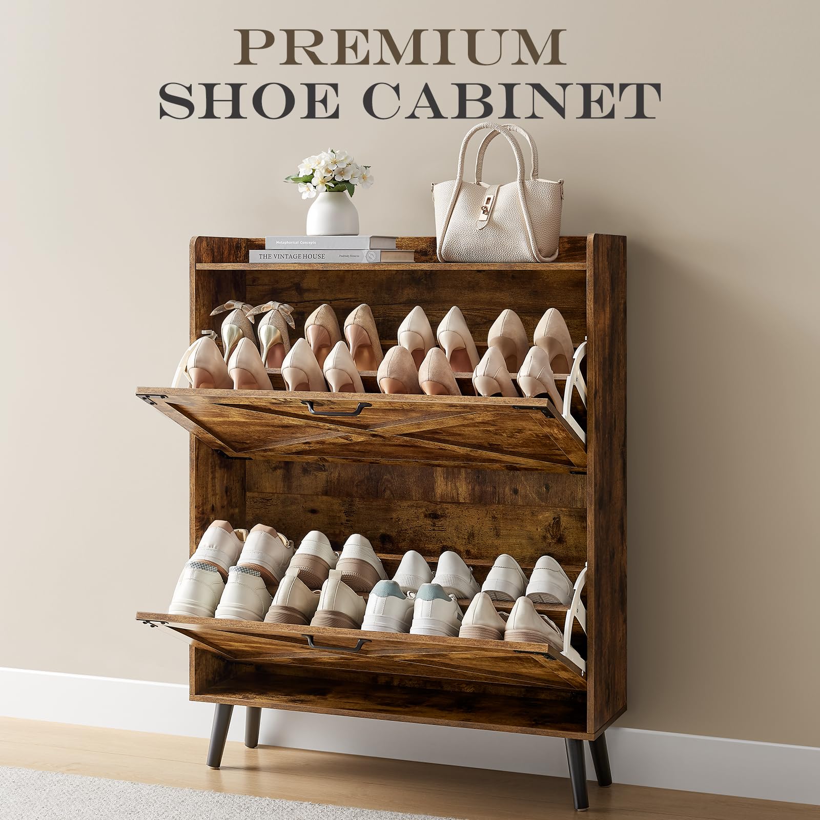 Farmhouse Style Shoe Cabinet with 2 Flip Drawers - Freestanding Entryway Shoe Organizer for Hallway, Porch & Living Room - Compact Hidden Storage with Detachable Racks - Classic Brown Shoe Rack for Small Spaces & Home Organization