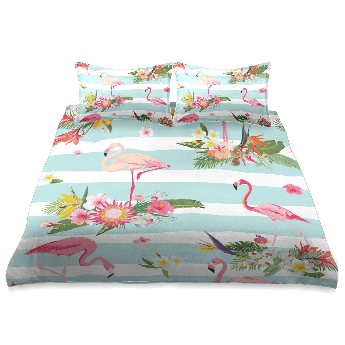 Pink Flamingo & Tropical Flowers Stripe Queen Size Comforter Set - 90x90 Inch All Season Soft Bedding for Tropical Bedroom Decor | Perfect for Beach House, Vacation Home & Summer Bedroom Themes