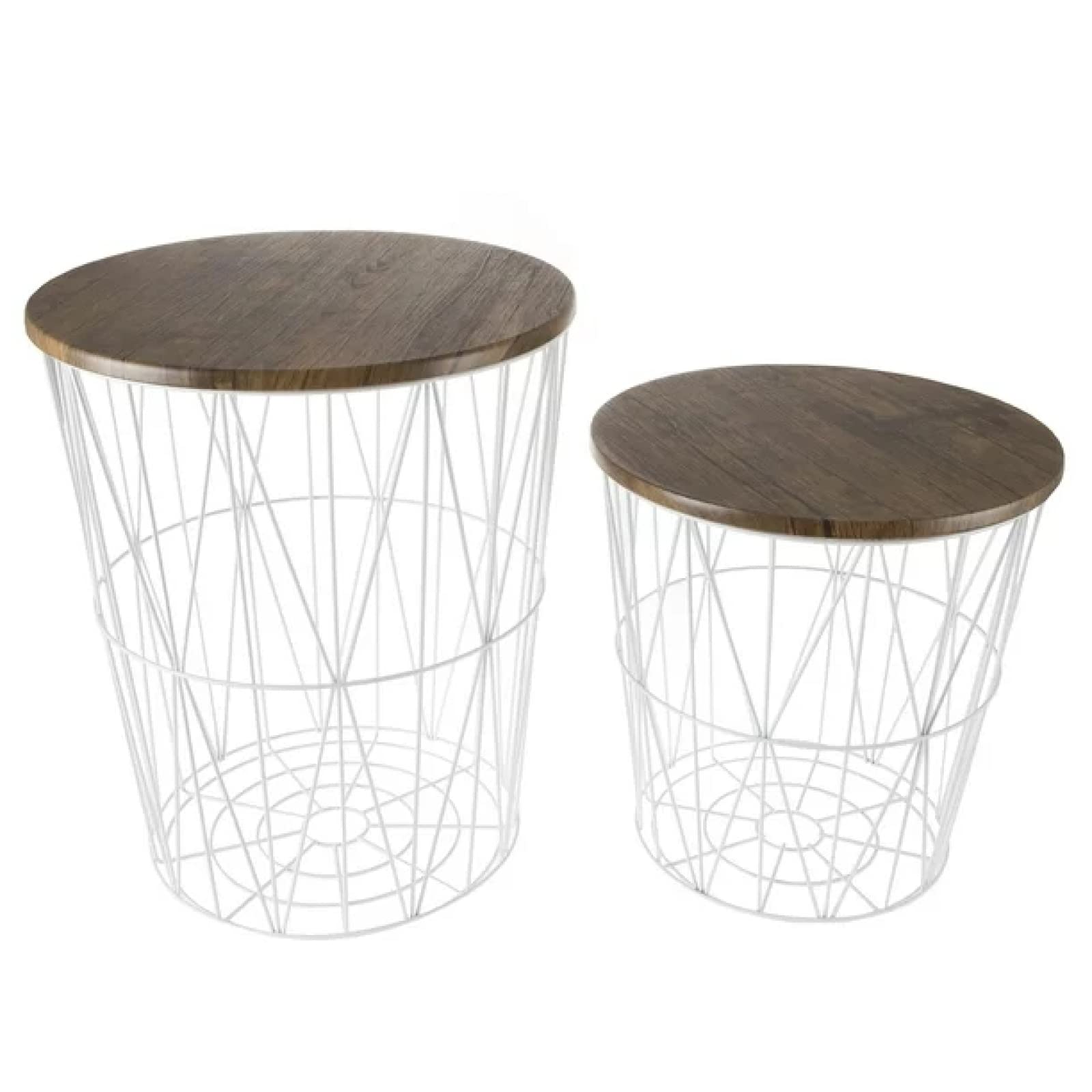 Nesting End Tables with Storage - Set of 2 Convertible Round Metal Basket Veneer Wood Top Accent Side Tables for Living Room, Bedroom & Office (White) | Space-Saving Modern Home Decor for Small Spaces