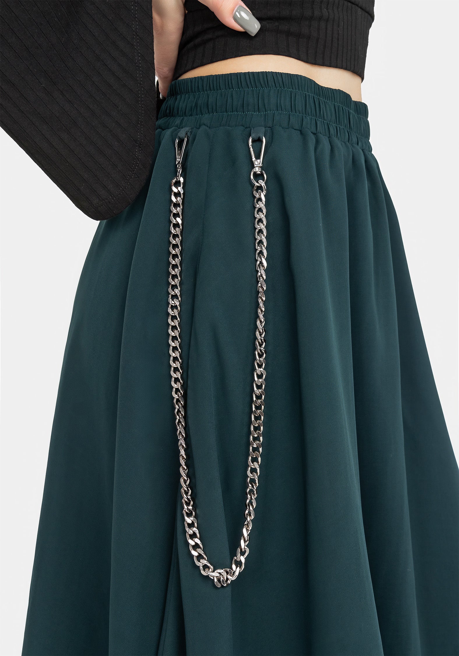 Levitate Chain Detail Midi Skirt - Women's Green Flowy Skirt for Casual Wear, Office & Party Outfits | Perfect for Spring & Summer Fashion