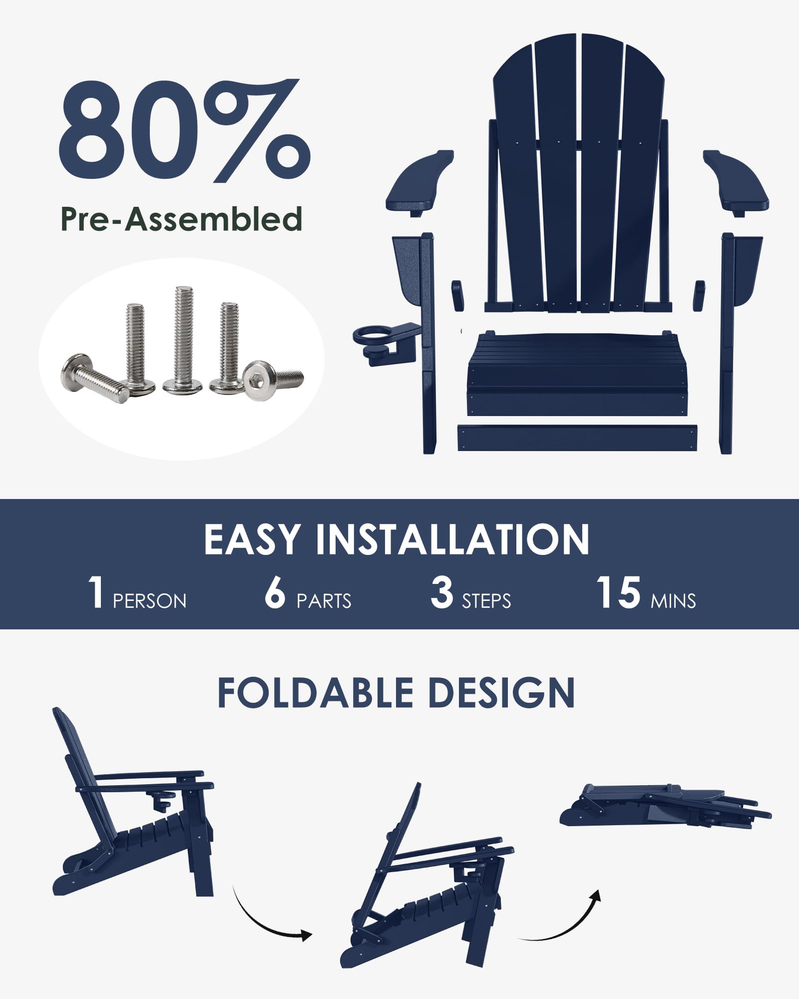 2-Pack Folding Adirondack Chairs - All-Weather HDPE Outdoor Patio Chairs with Cup Holder - Heavy Duty 385lb Capacity - Navy Blue - Perfect for Backyard, Poolside, Camping & Firepit Relaxation