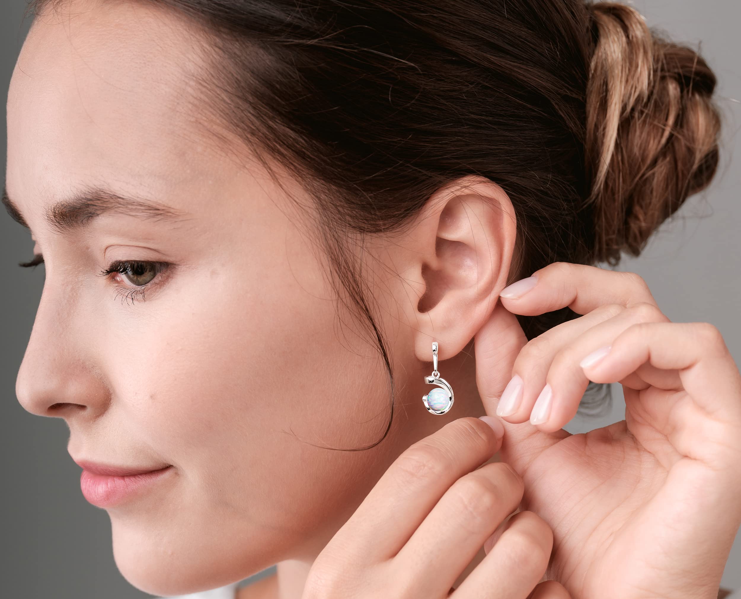 Rainbow Opal Dangle Earrings for Women - October Birthstone Jewelry - Silver Ball Drop Earrings for Everyday Wear - Elegant Round Gemstone Earrings for Gifts, Parties & Special Occasions