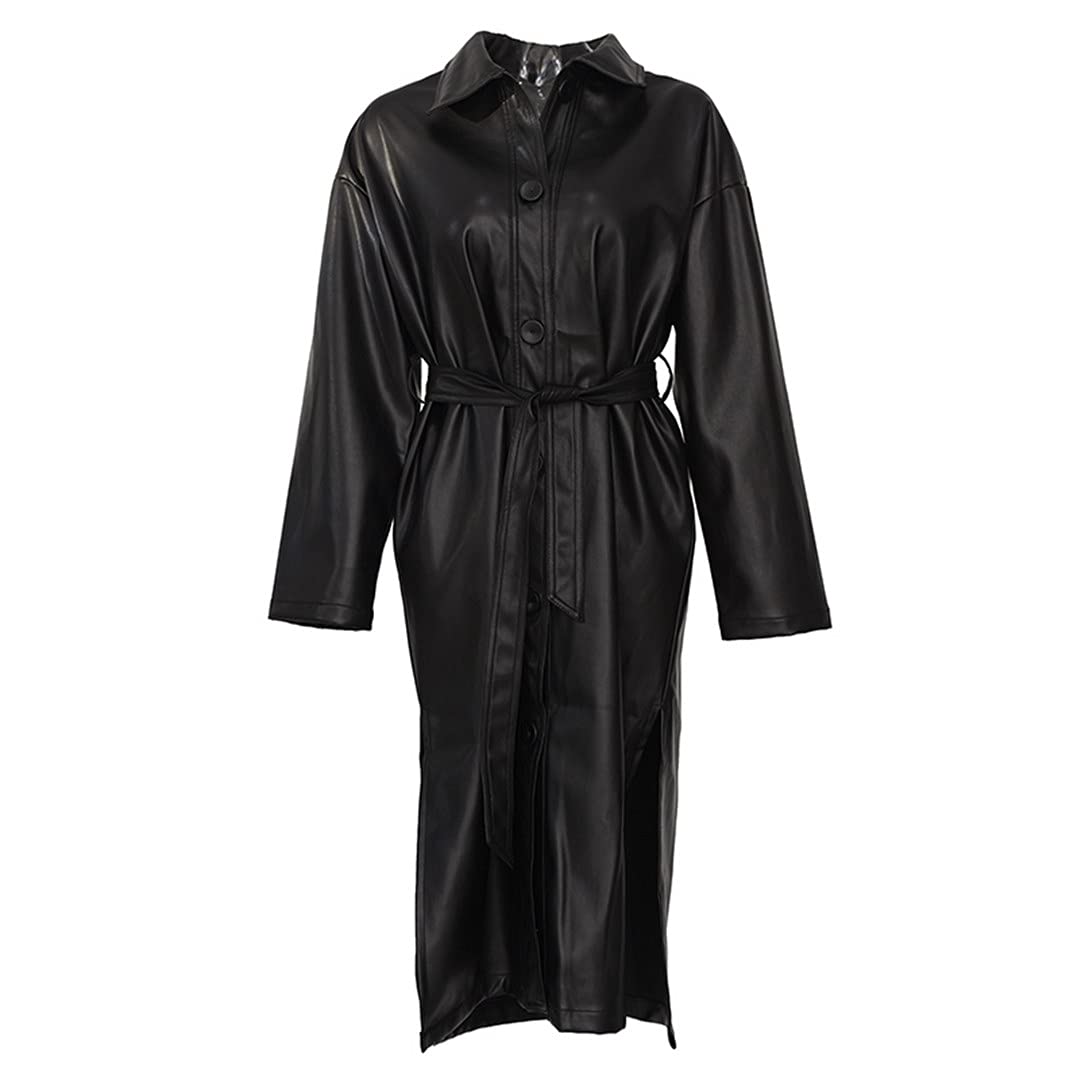 Women's Khaki Leather Trench Coat - Large Size Long Sleeve Loose Fit Jacket with Lapel Collar | Perfect for Fall Winter Fashion, Office Wear & Casual Outfits