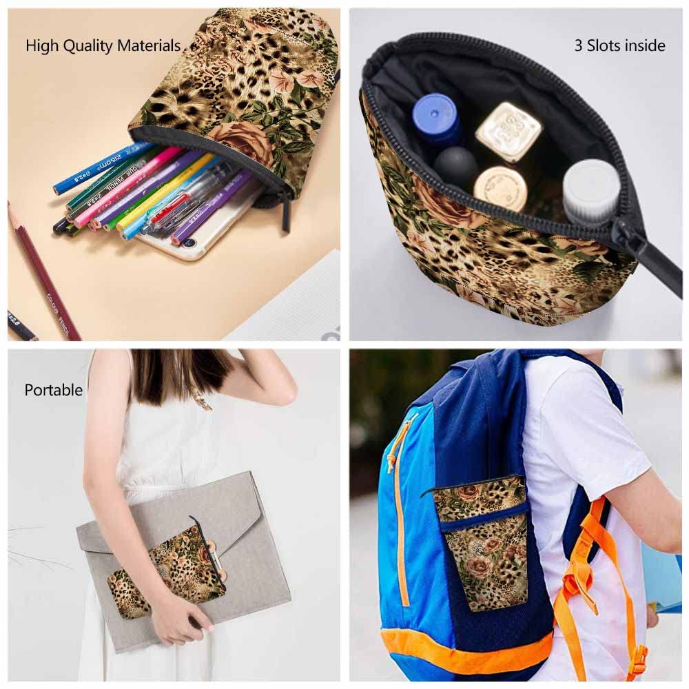 Swono Striped Leopard Pencil Case - Flower Rose Design Stand Up Makeup Organizer - Colorful Pouch for School, Office & Travel (Perfect Gift Idea)