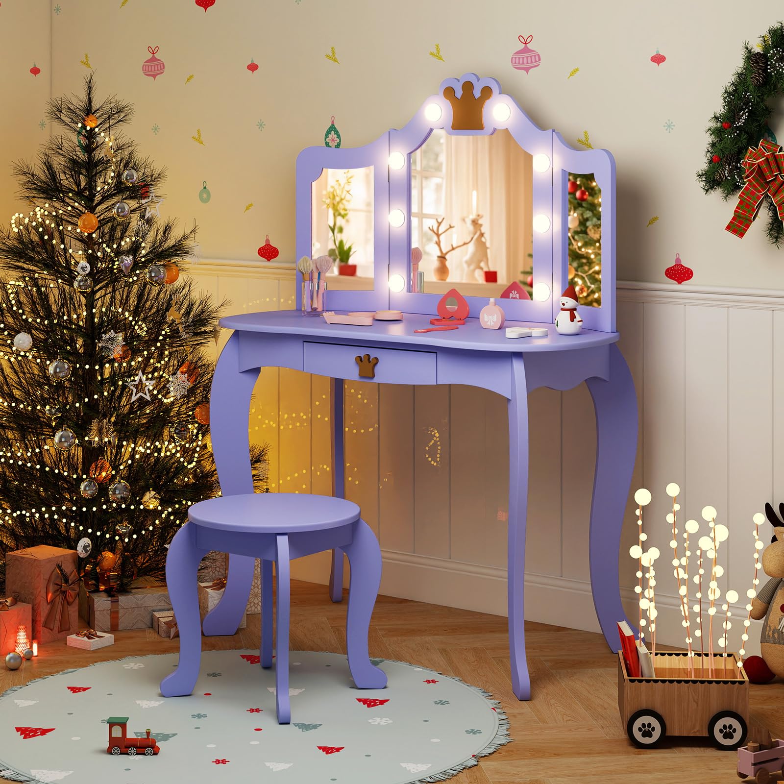 GLACER Girls Vanity Set with Mirror, Stool & LED Lights - 2-in-1 Wooden Princess Makeup Vanity Desk with 3 Lighting Modes, Storage Drawer & Adjustable Chair - Kids Vanity Table Set for Bedroom (Violet) - Perfect for Birthday Gifts, Playroom Decor & Pretend Play