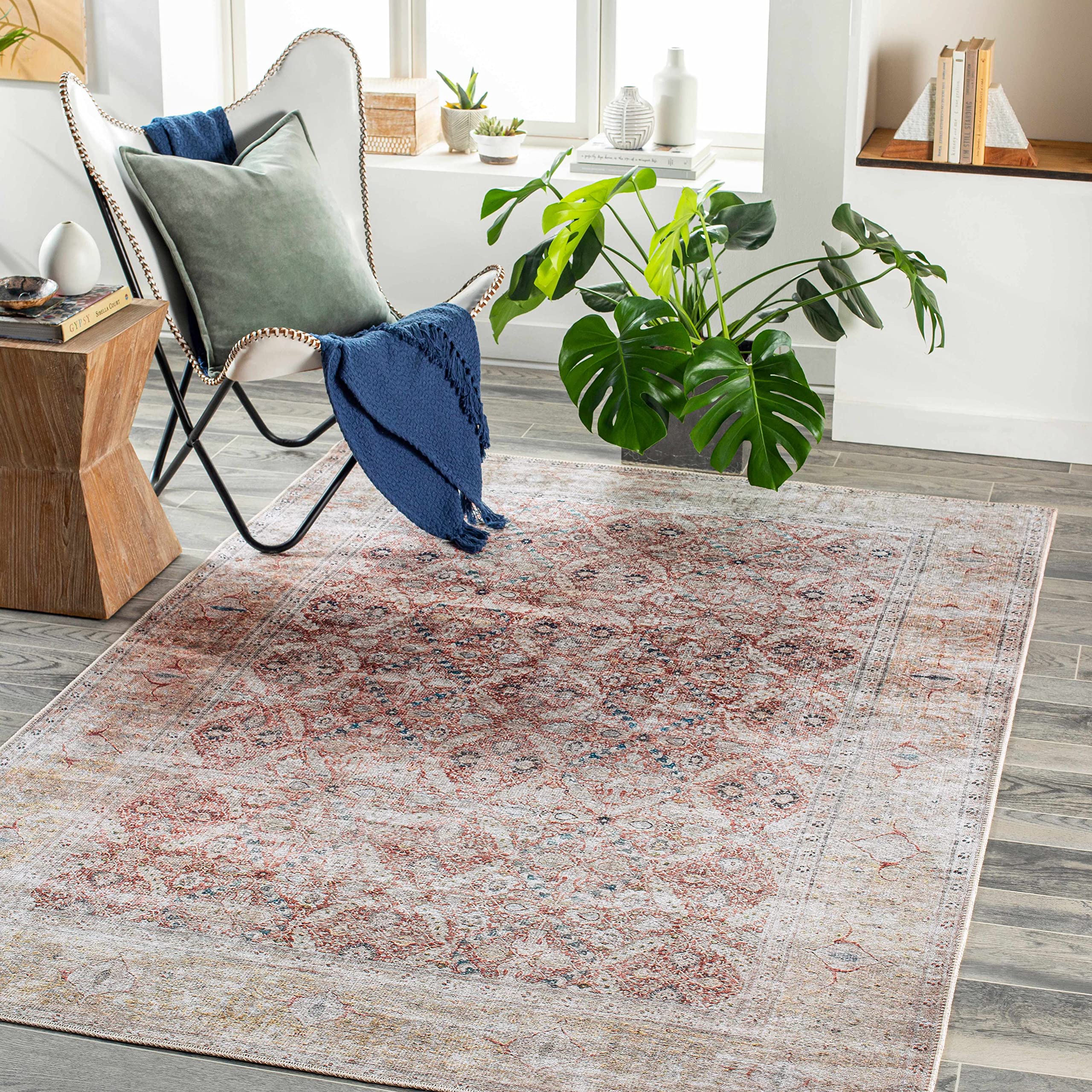 Hauteloom Tapia Washable Area Rug for Living Room & Bedroom - Blue, Gray, Red - 7'10