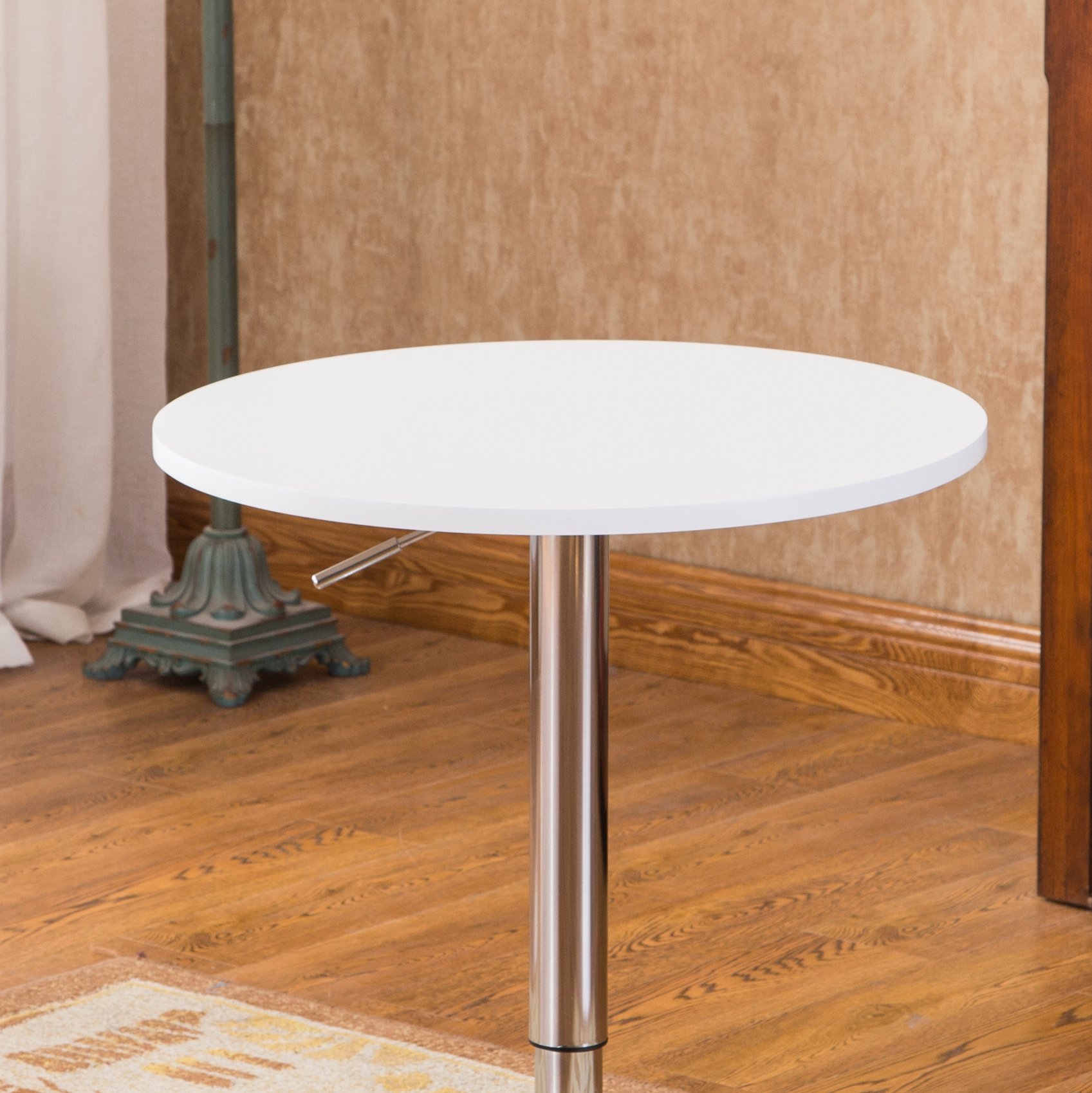 Roundhill Furniture Adjustable Height Bar Table - 36 Inch White Wood & Chrome Metal Counter Height Table for Kitchen, Dining Room, or Home Bar