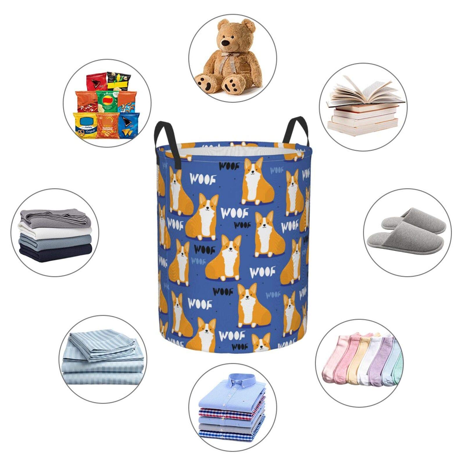 Happy Dogs Cute Corgi Collapsible Laundry Basket with Handle - Waterproof Fabric Hamper for Dirty Clothes, Toys & Bathroom Storage - Foldable Organizer Bin for Bedroom, Laundry Room & Dorm - Large Capacity Clothes Basket for Home Organization