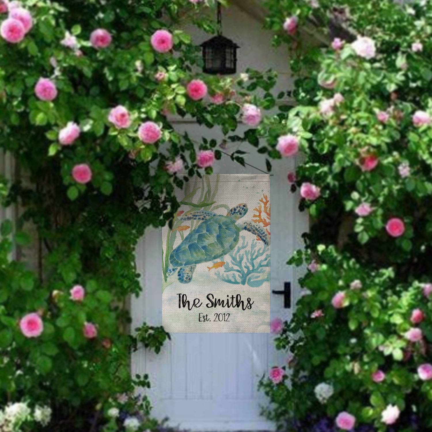 Custom Personalized Summer Garden Flag with Sea Turtle Design - Double Sided 12x18 Inch Rustic Farmhouse Burlap Yard Decor - Perfect for Outdoor Patio, Front Porch & Seasonal Home Decoration
