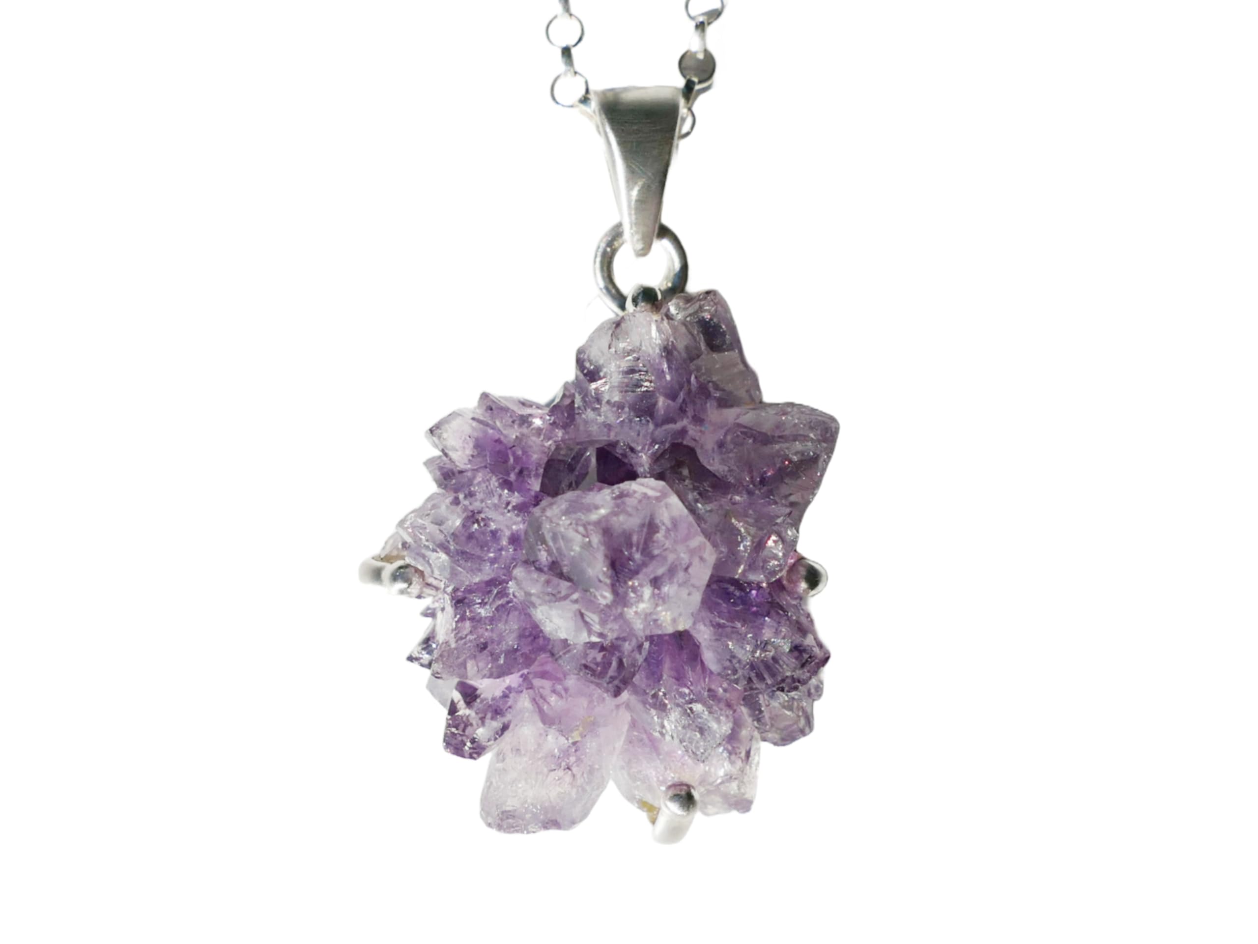 Large Amethyst Crystal Pendant Silver Necklace | Amethyst Flower Silver Jewelry | February Birthstone Gift for Women & Men | Layering Necklace for Everyday Wear & Special Occasions