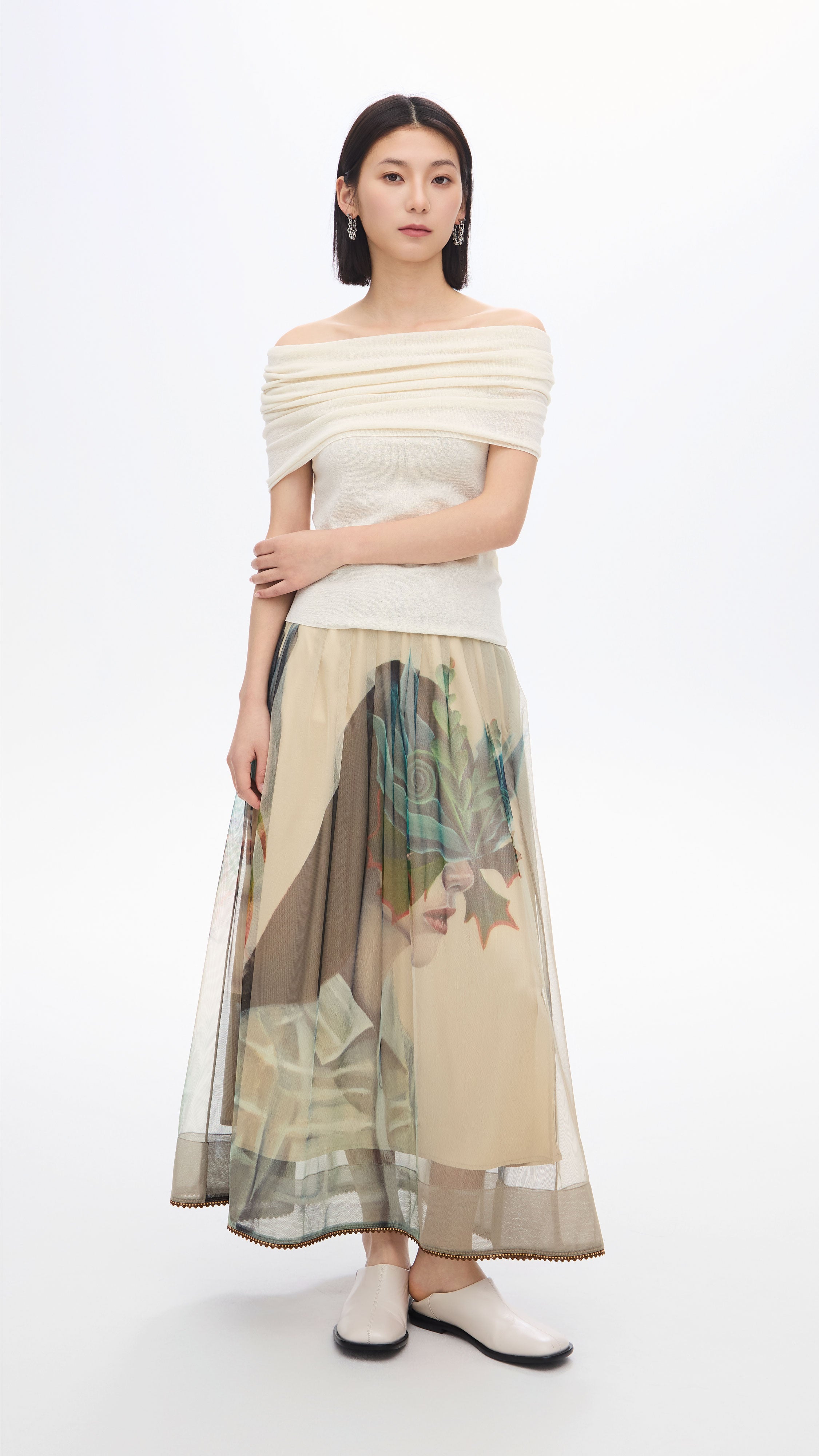 Mariko Enomoto Women's Graphic Print Pleated Mesh Skirt - Stylish A-Line Midi Skirt for Party, Date Night & Casual Outfits