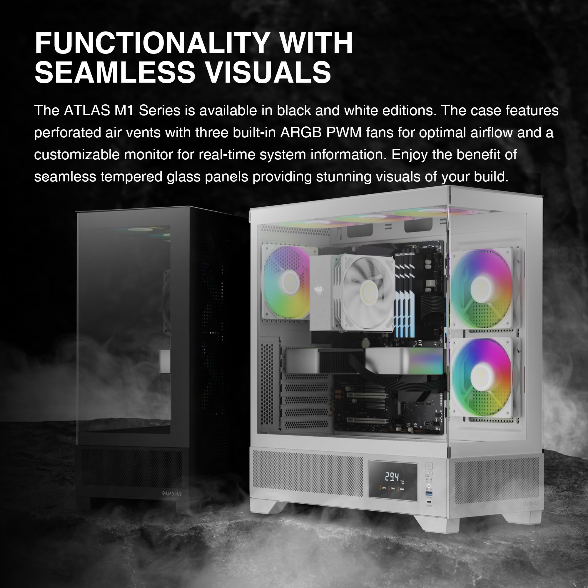 GAMDIAS White Mid Tower ATX Gaming PC Case with Tempered Glass Side Panel & LED Display - Built-in 3x120mm ARGB PWM Fans, Supports RTX GPU (410mm) & 360mm AIO Radiator - Perfect for High-Performance Gaming Rigs & Streaming Setups