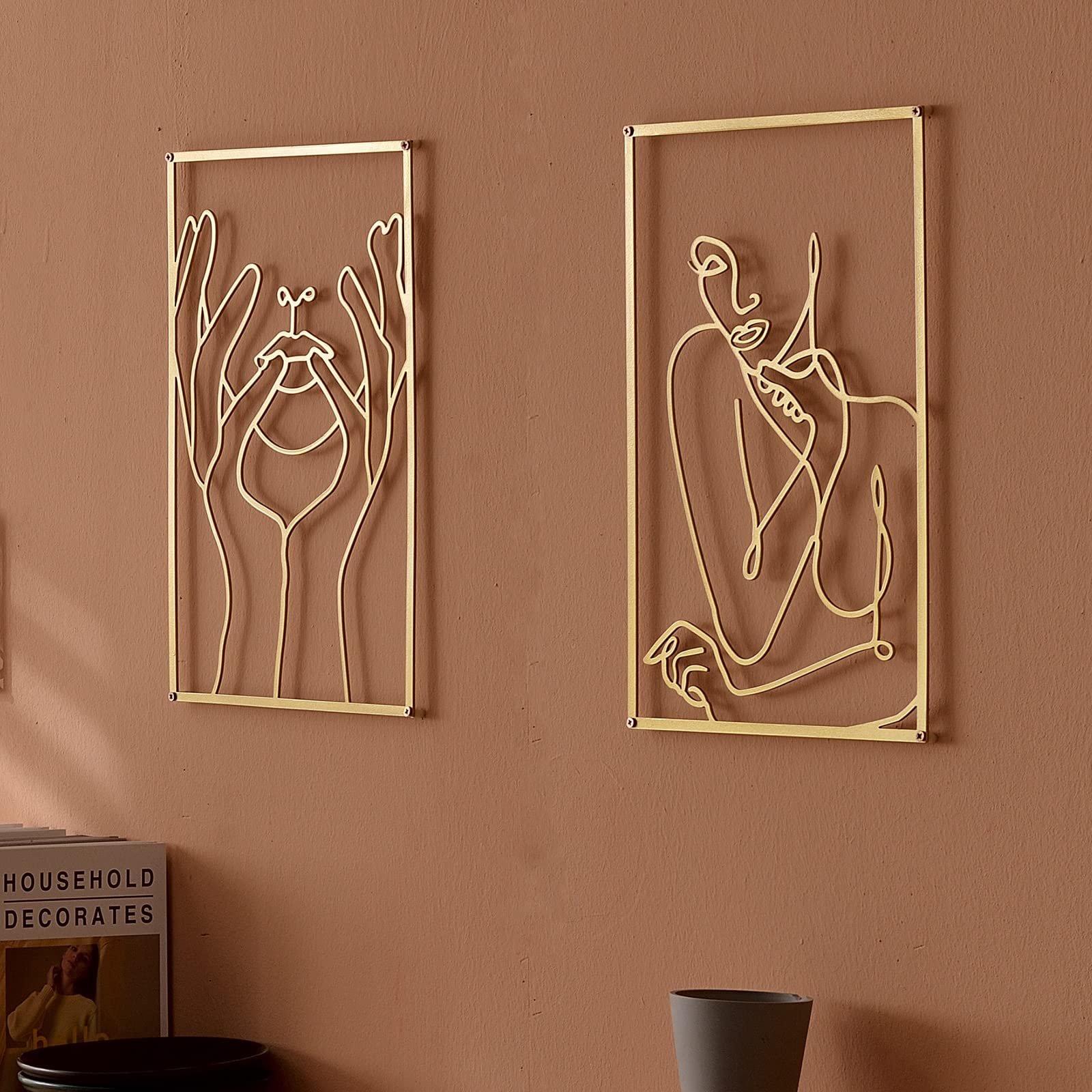 Gold Wall Art Set of 2 - Modern Abstract Female Line Sculptures for Bedroom & Living Room Decor