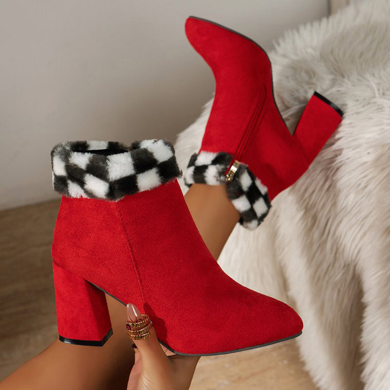 Women's Plaid Print Plush Ankle Boots - Winter Fashion Square Heel Suede Boots for Casual Wear | Warm & Comfortable Shoes for Autumn and Winter | Perfect for Office, Dating & Daily Outfits