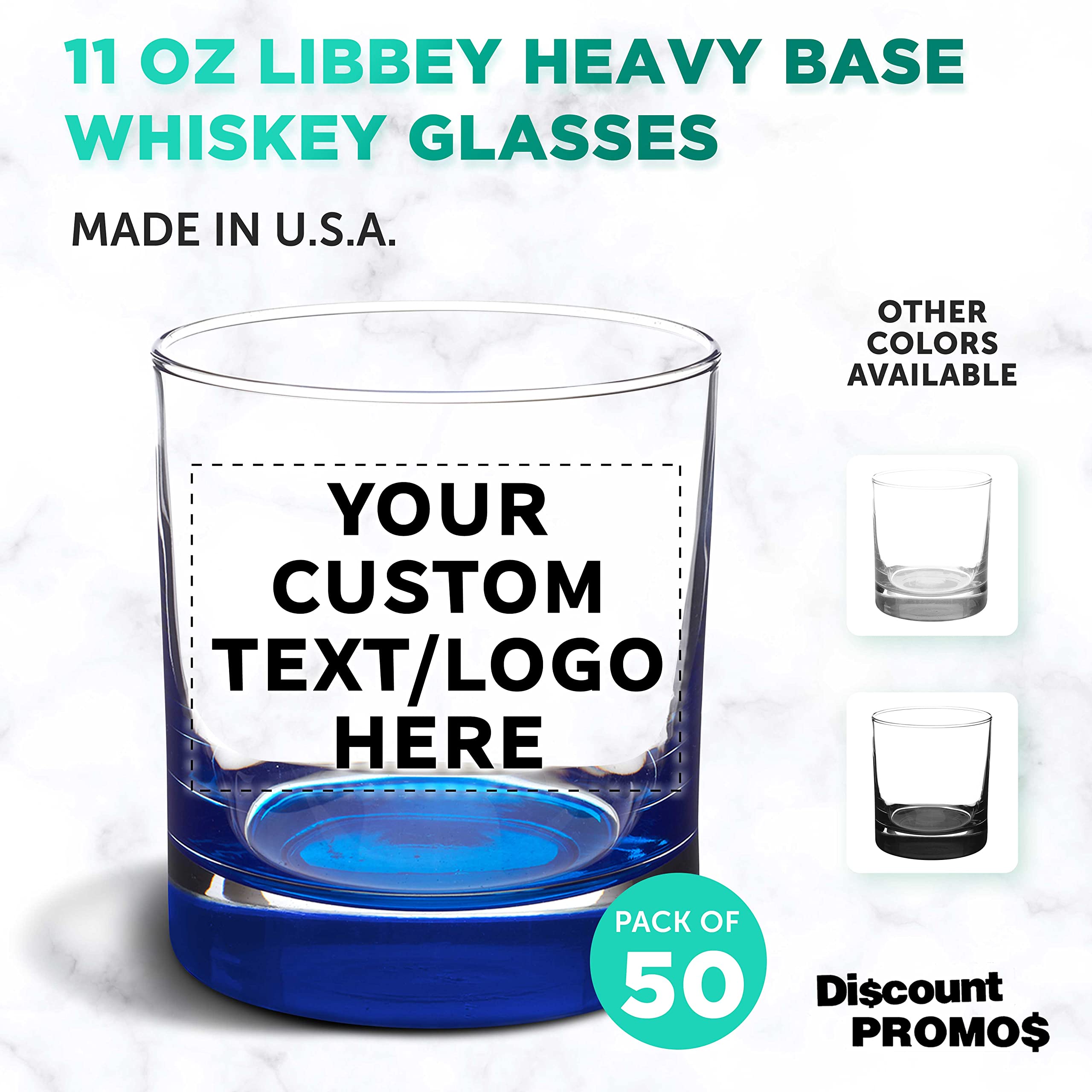 Custom Engraved Whiskey Glasses Set of 50 - 10 oz Heavy Base Old Fashioned Bar Glasses by Libbey | Bulk Pack for Scotch, Bourbon, Cocktails & Whiskey Drinking | Perfect for Bars, Weddings, Corporate Gifts & Home Entertaining (Blue)