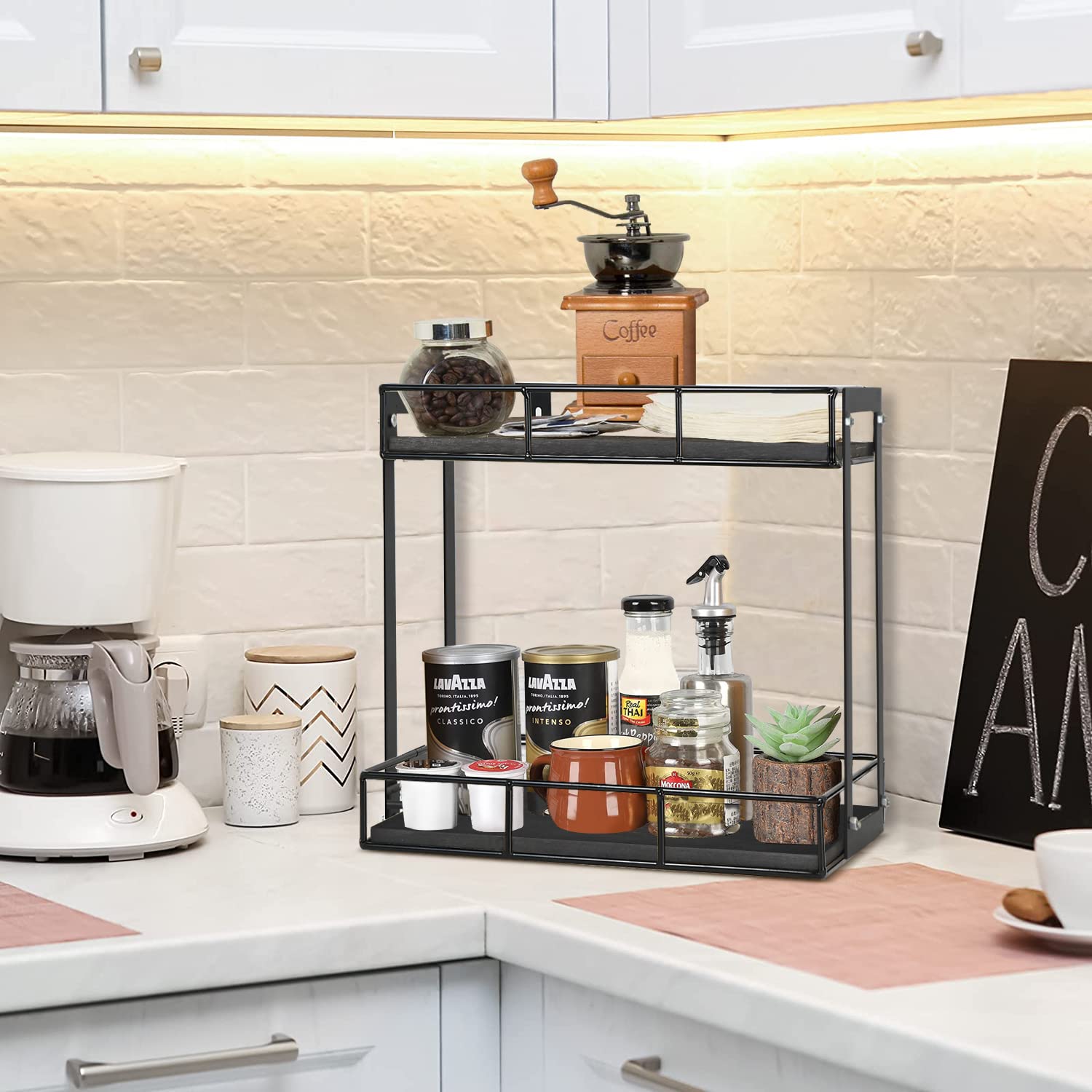 2-Tier Coffee Station Organizer - Coffee Pod & K-Cup Holder with Condiment Storage - Perfect for Coffee Bar Decor & Kitchen Countertop Organization - Ideal Gift for Coffee Lovers